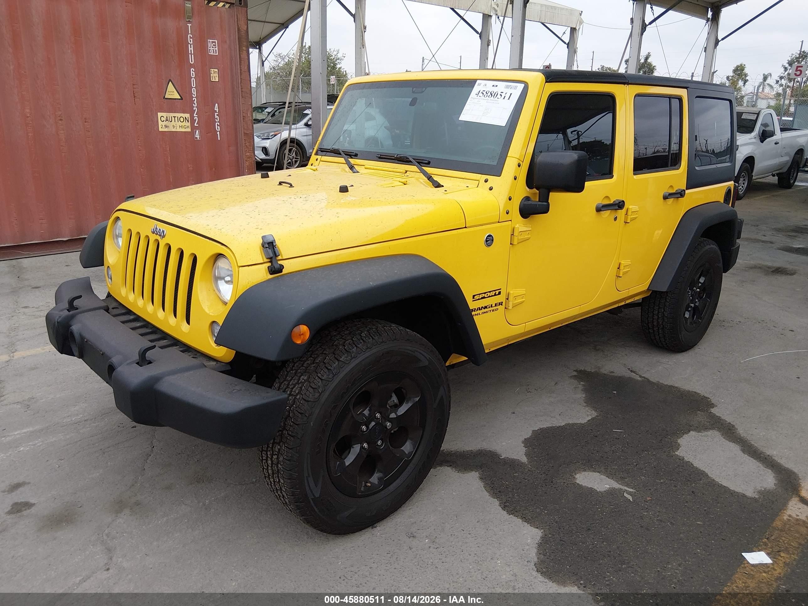 2015 Jeep Wrangler Unlimited Sport Yellow vin: 1C4BJWDG3FL625306