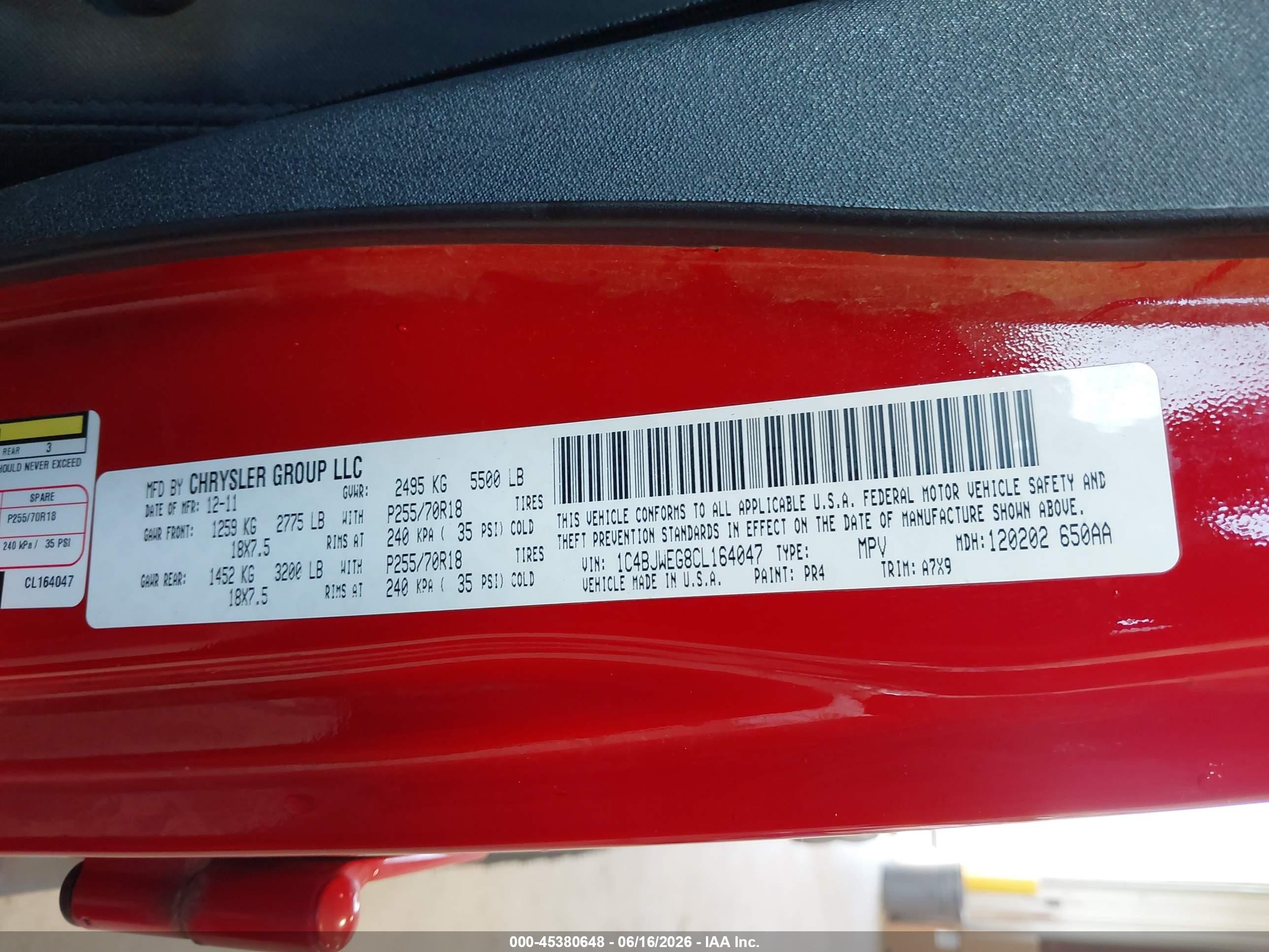 2012 Jeep Wrangler Unlimited Sahara Red vin: 1C4BJWEG8CL164047