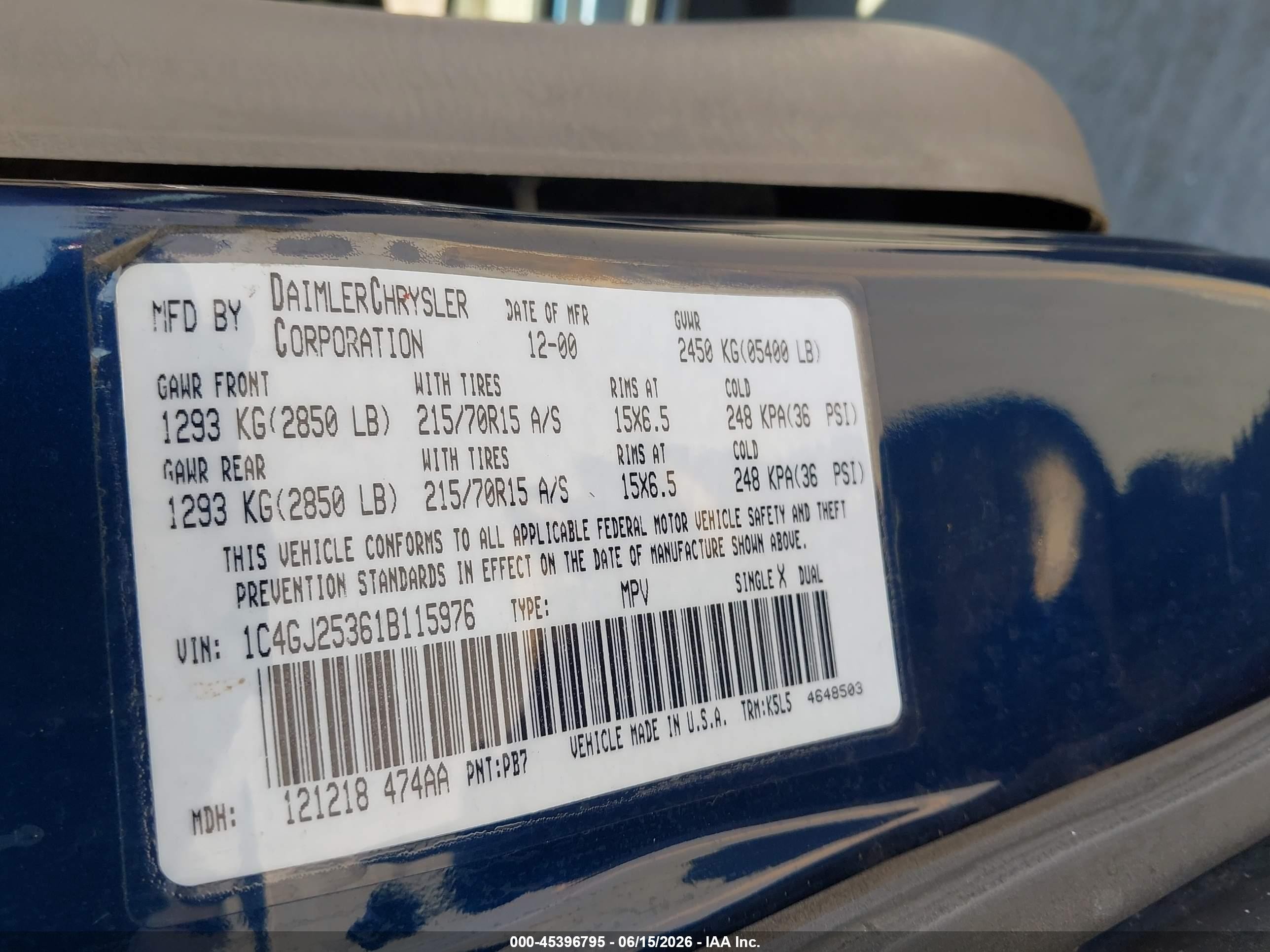 2001 Chrysler Voyager   Blue vin: 1C4GJ25361B115976