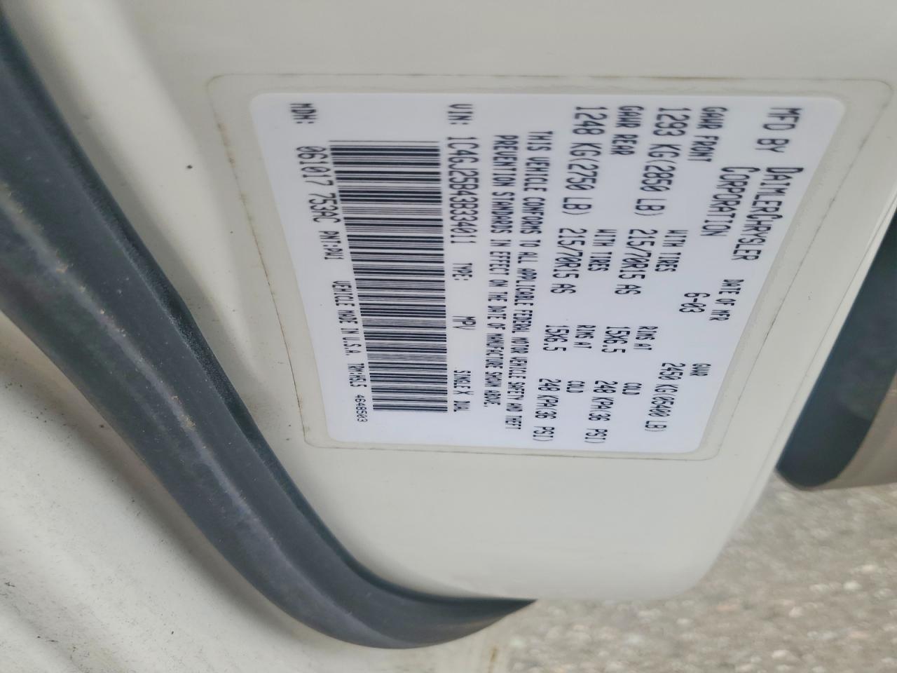 2003 Chrysler Voyager White vin: 1C4GJ25B43B334011