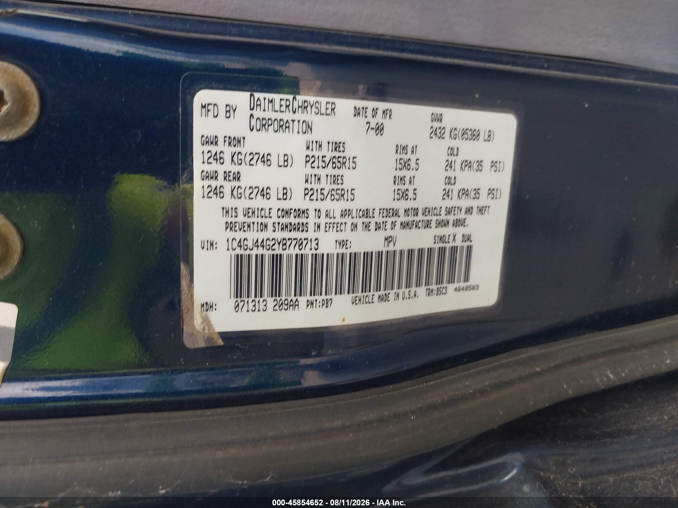 2000 Chrysler Grand Voyager Se Синий vin: 1C4GJ44G2YB770713