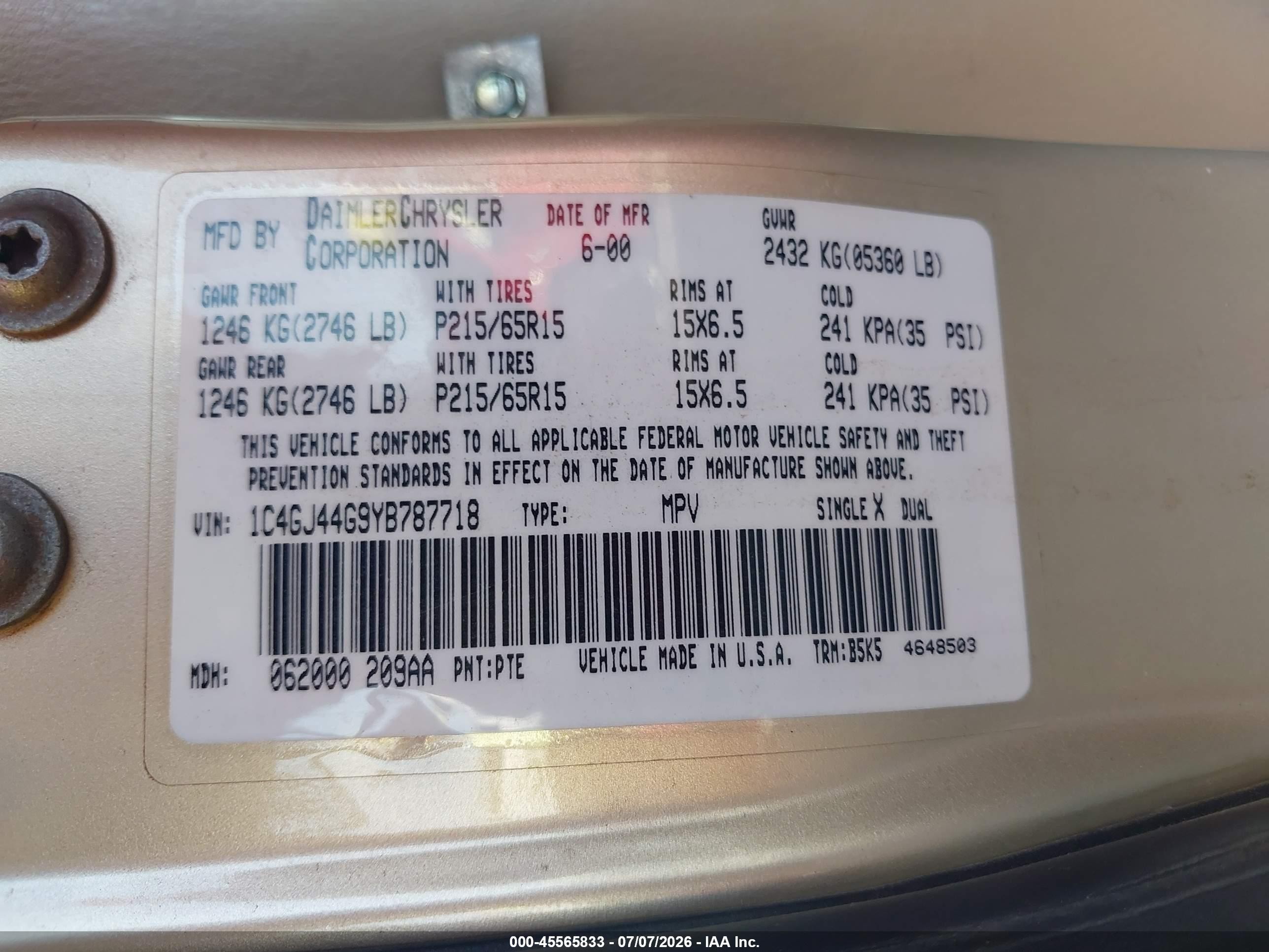 2000 Chrysler Grand Voyager Se Gold vin: 1C4GJ44G9YB787718