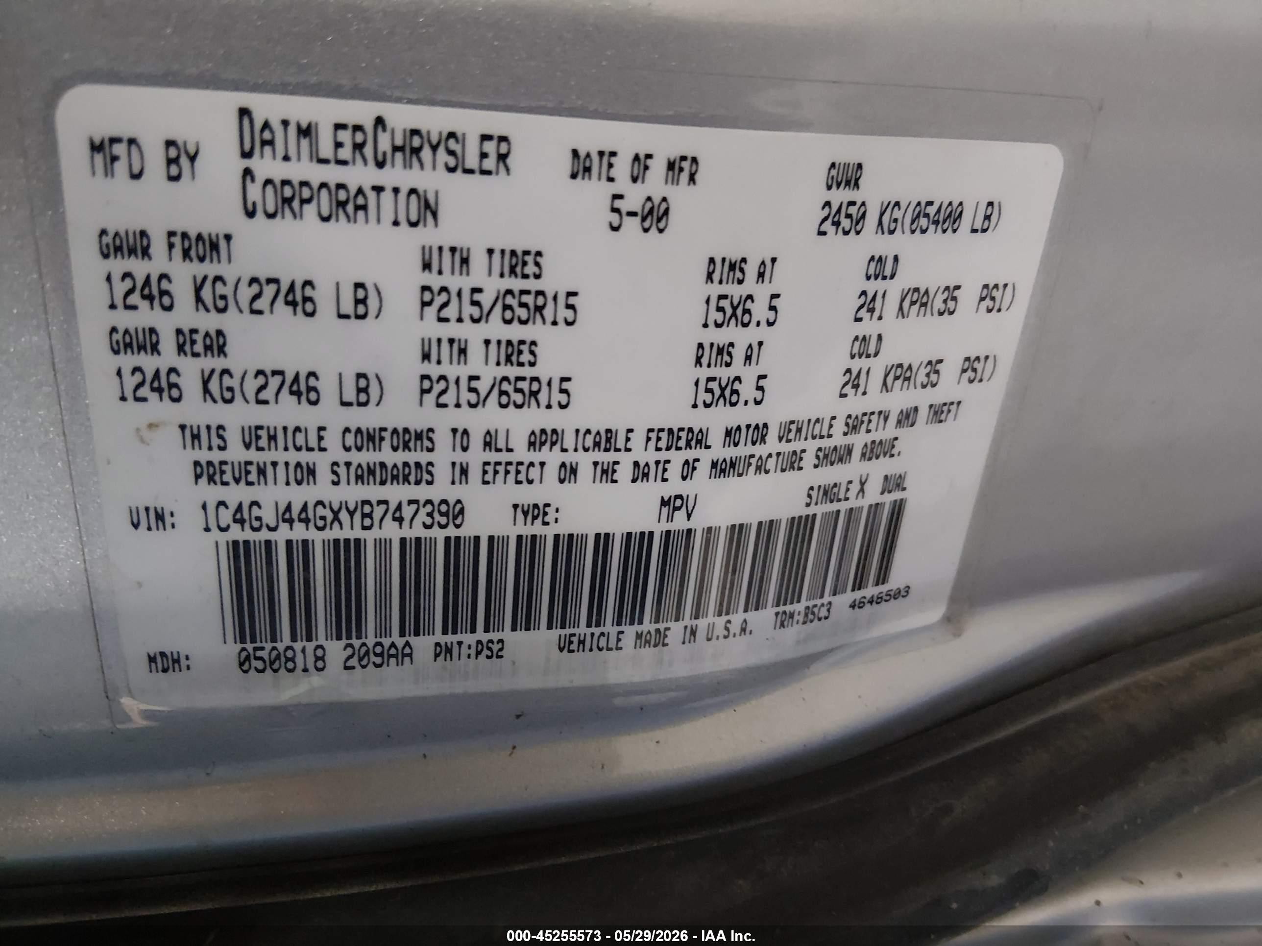 2000 Chrysler Grand Voyager Se Silver vin: 1C4GJ44GXYB747390