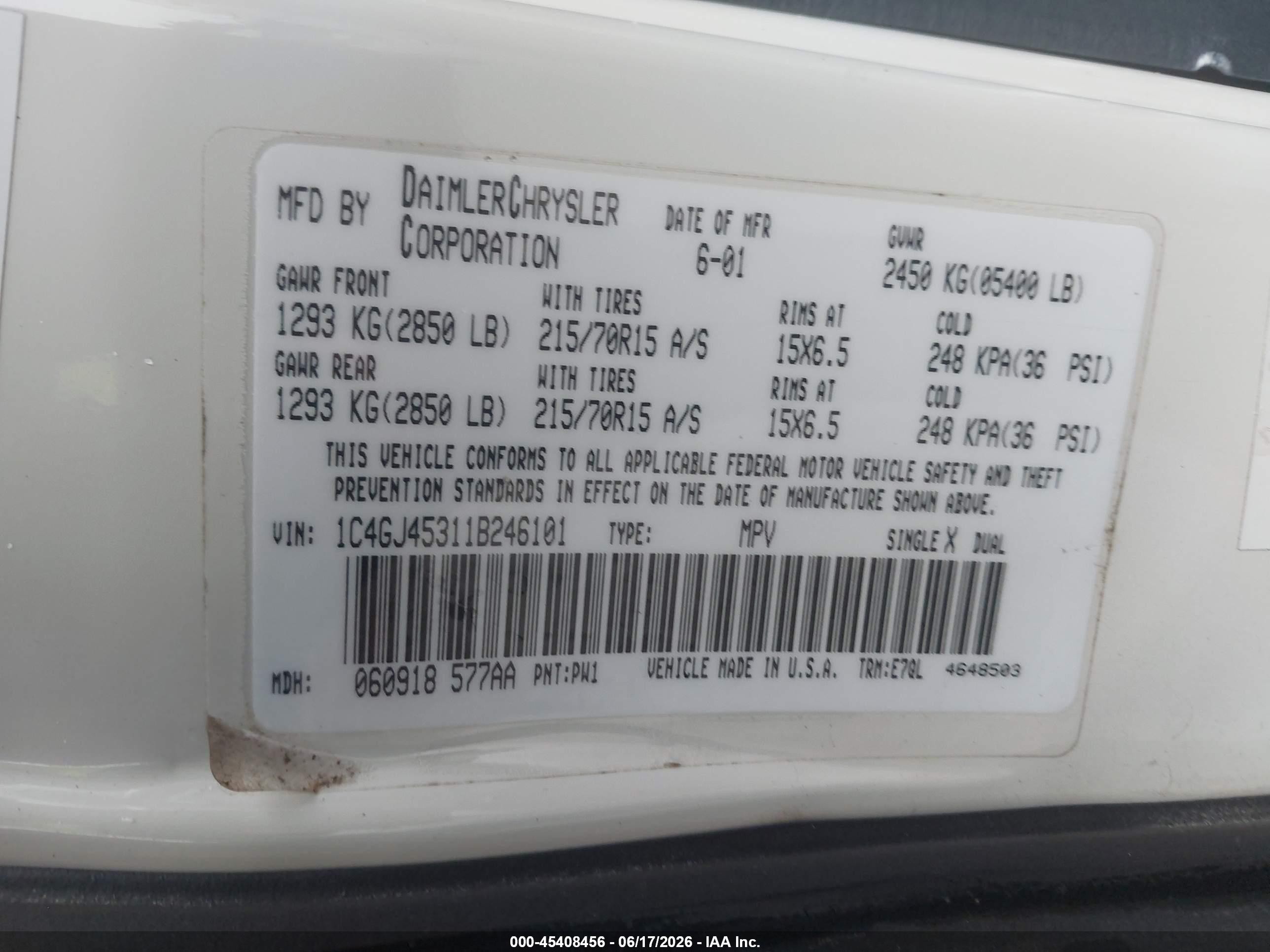 2001 Chrysler Voyager Lx Белый vin: 1C4GJ45311B246101