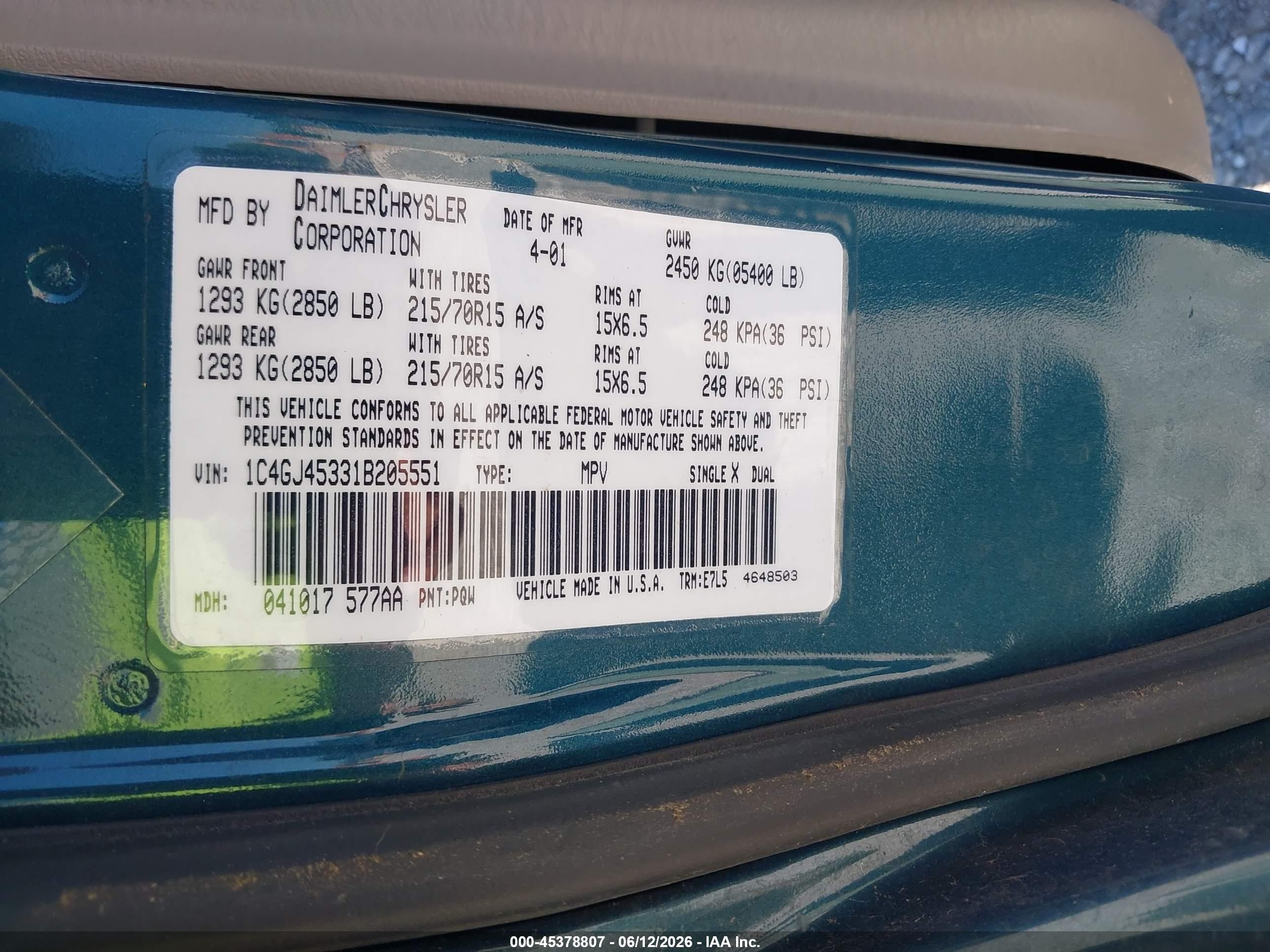 2001 Chrysler Voyager Lx Green vin: 1C4GJ45331B205551
