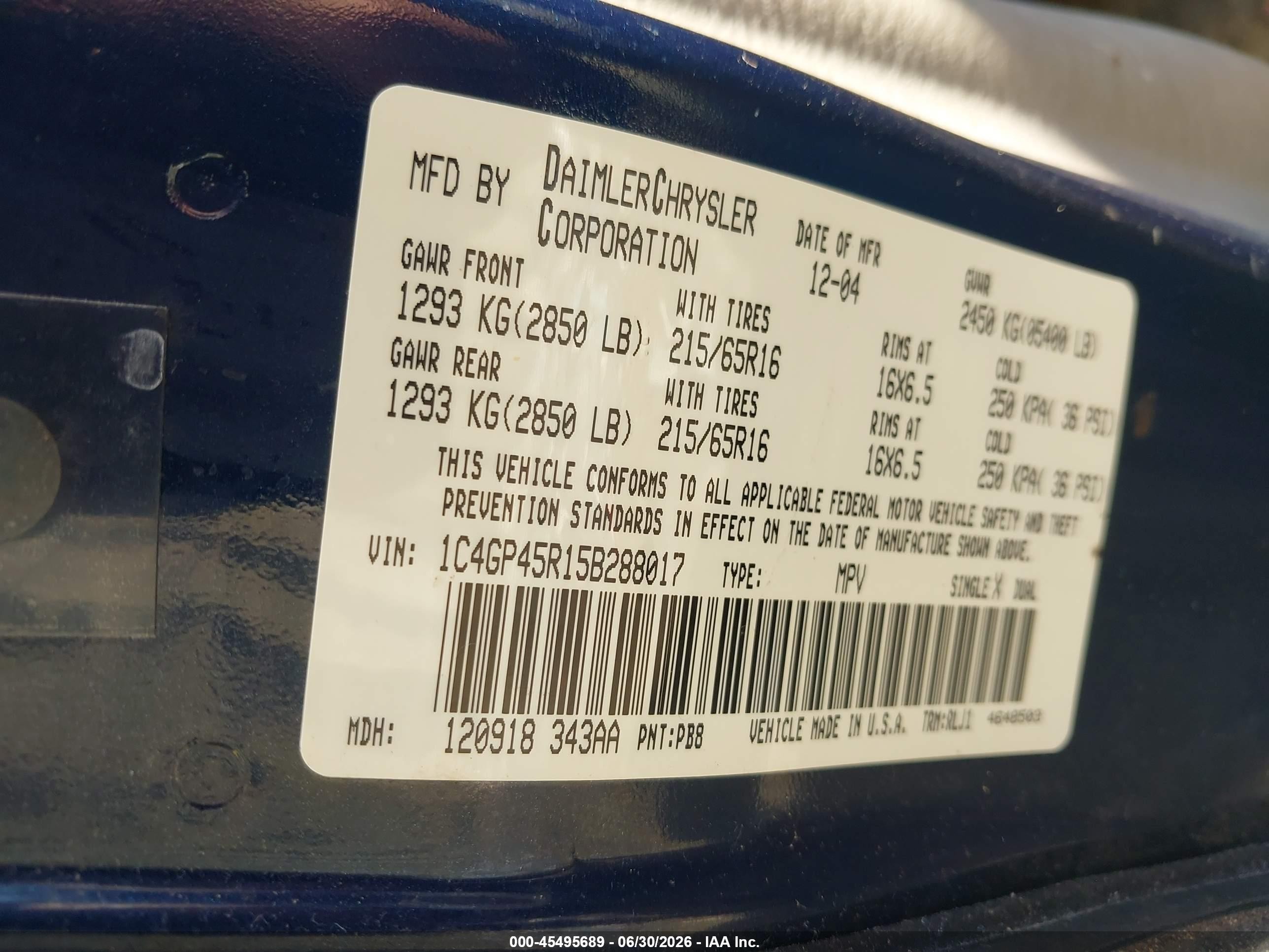 2005 Chrysler Town & Country Blue vin: 1C4GP45R15B288017