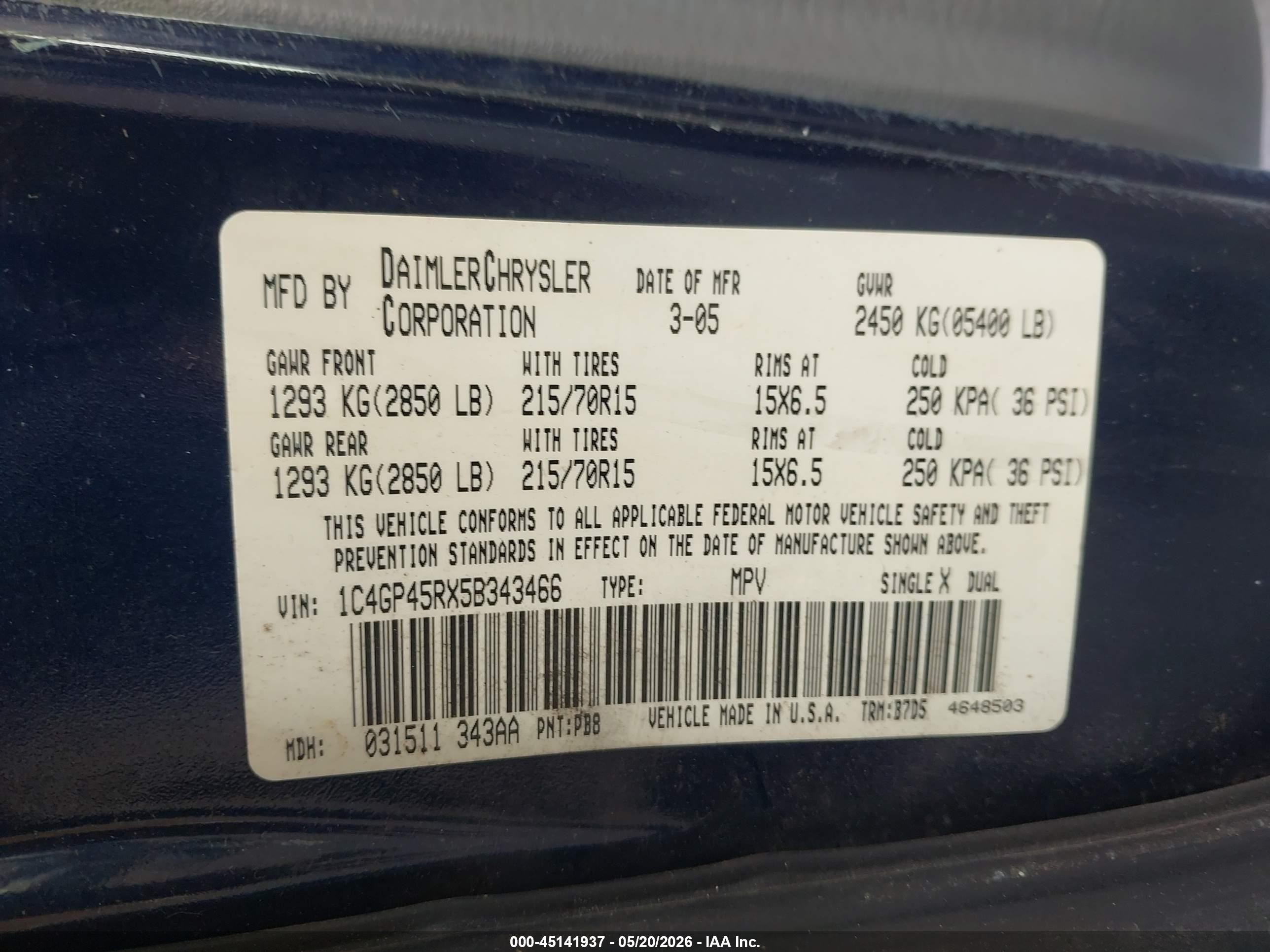 2005 Chrysler Town & Country   Blue vin: 1C4GP45RX5B343466