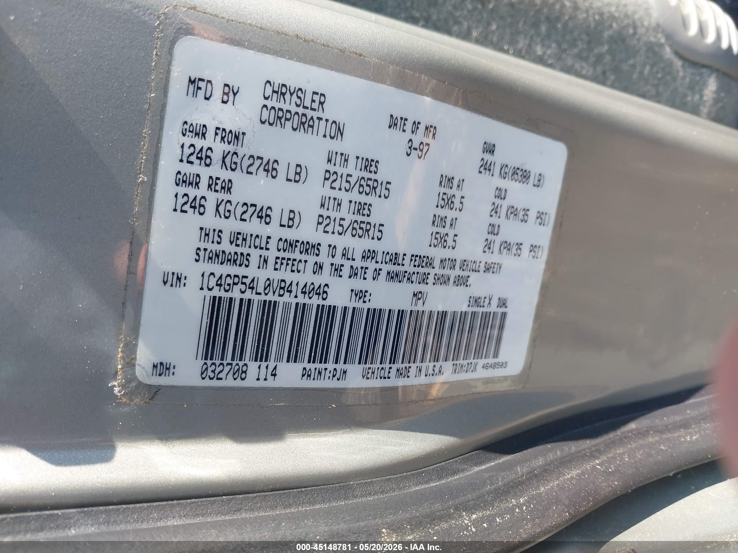 1997 Chrysler Town & Country Lx Gray vin: 1C4GP54L0VB414046