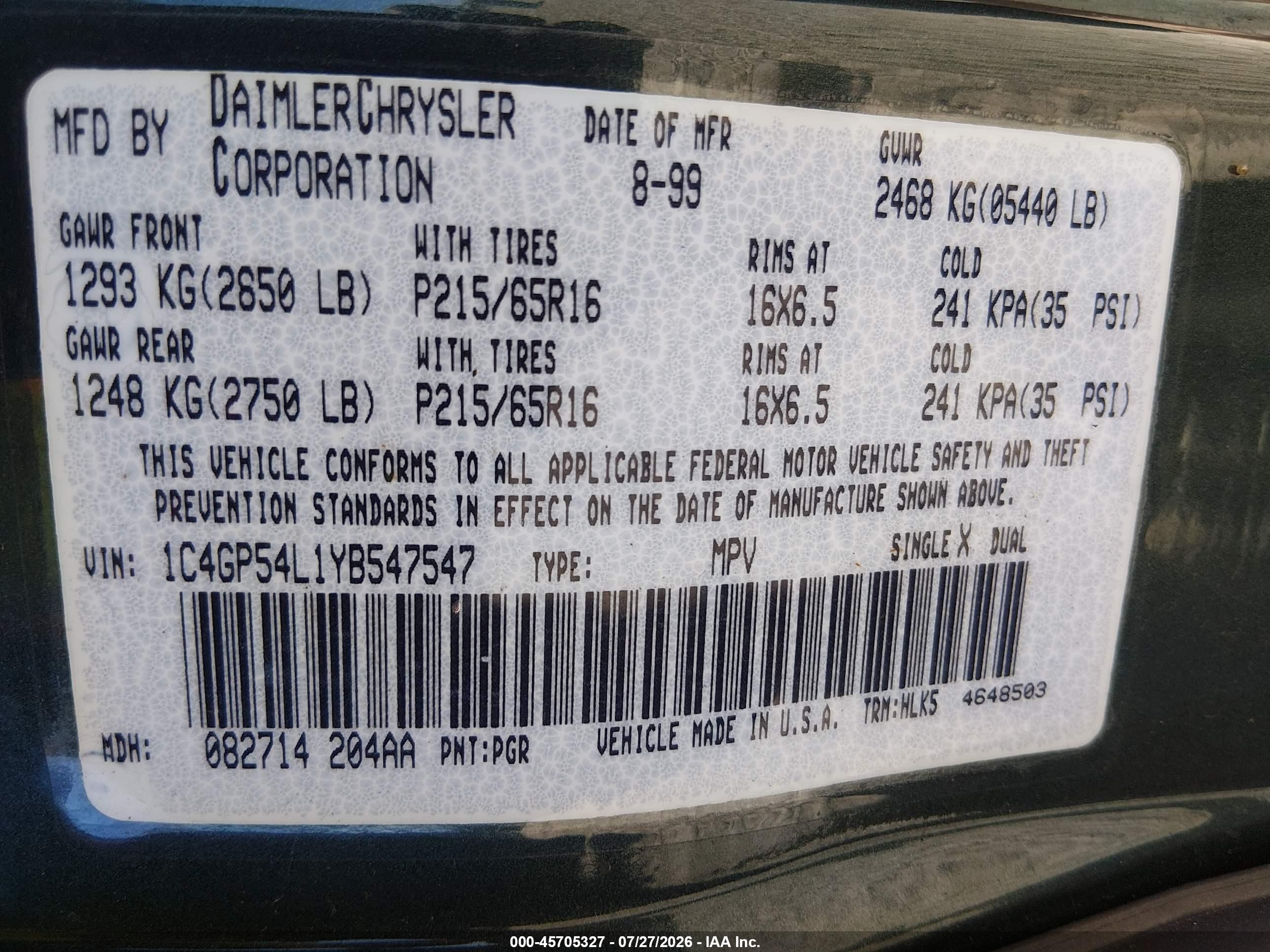2000 Chrysler Town & Country Lxi Green vin: 1C4GP54L1YB547547