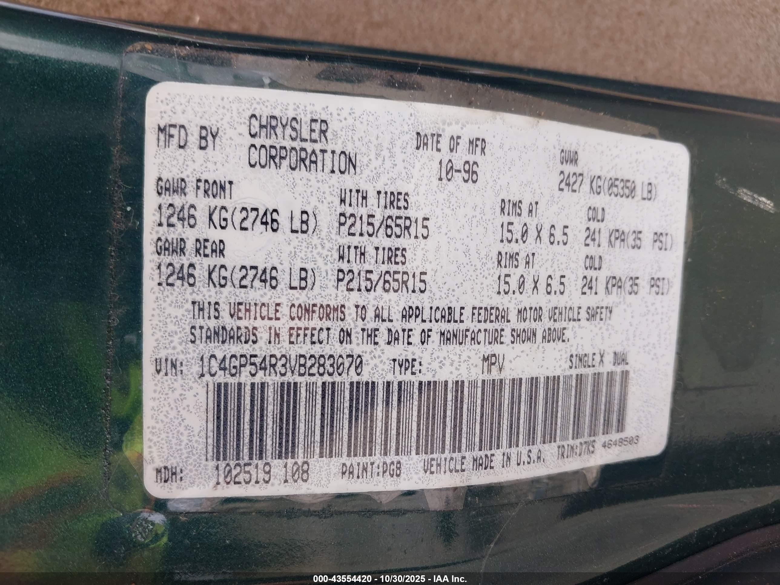 1997 Chrysler Town & Country Lx Green vin: 1C4GP54R3VB283070