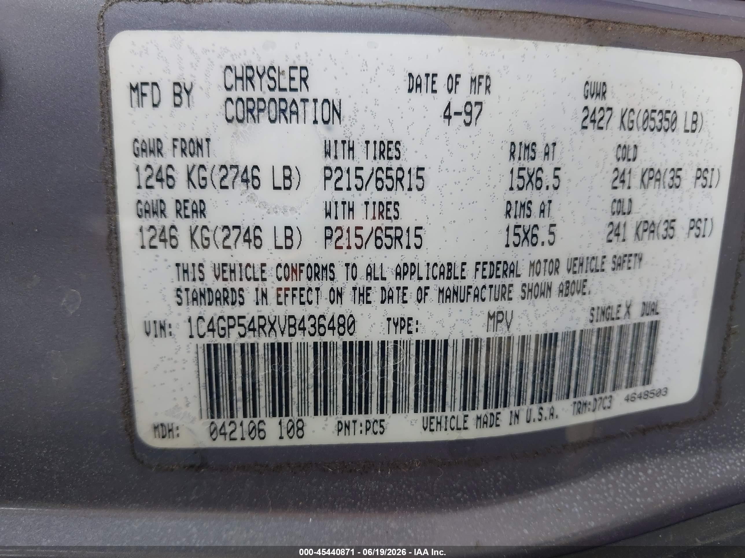1997 Chrysler Town & Country Lx Серый vin: 1C4GP54RXVB436480