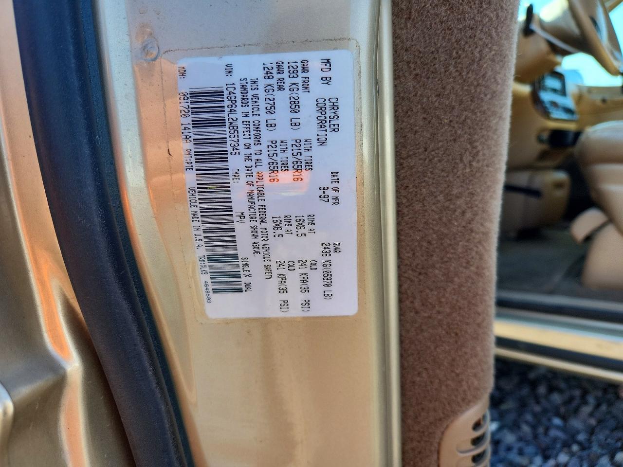 1998 Chrysler Town & Country Lxi Tan vin: 1C4GP64L2WB557345