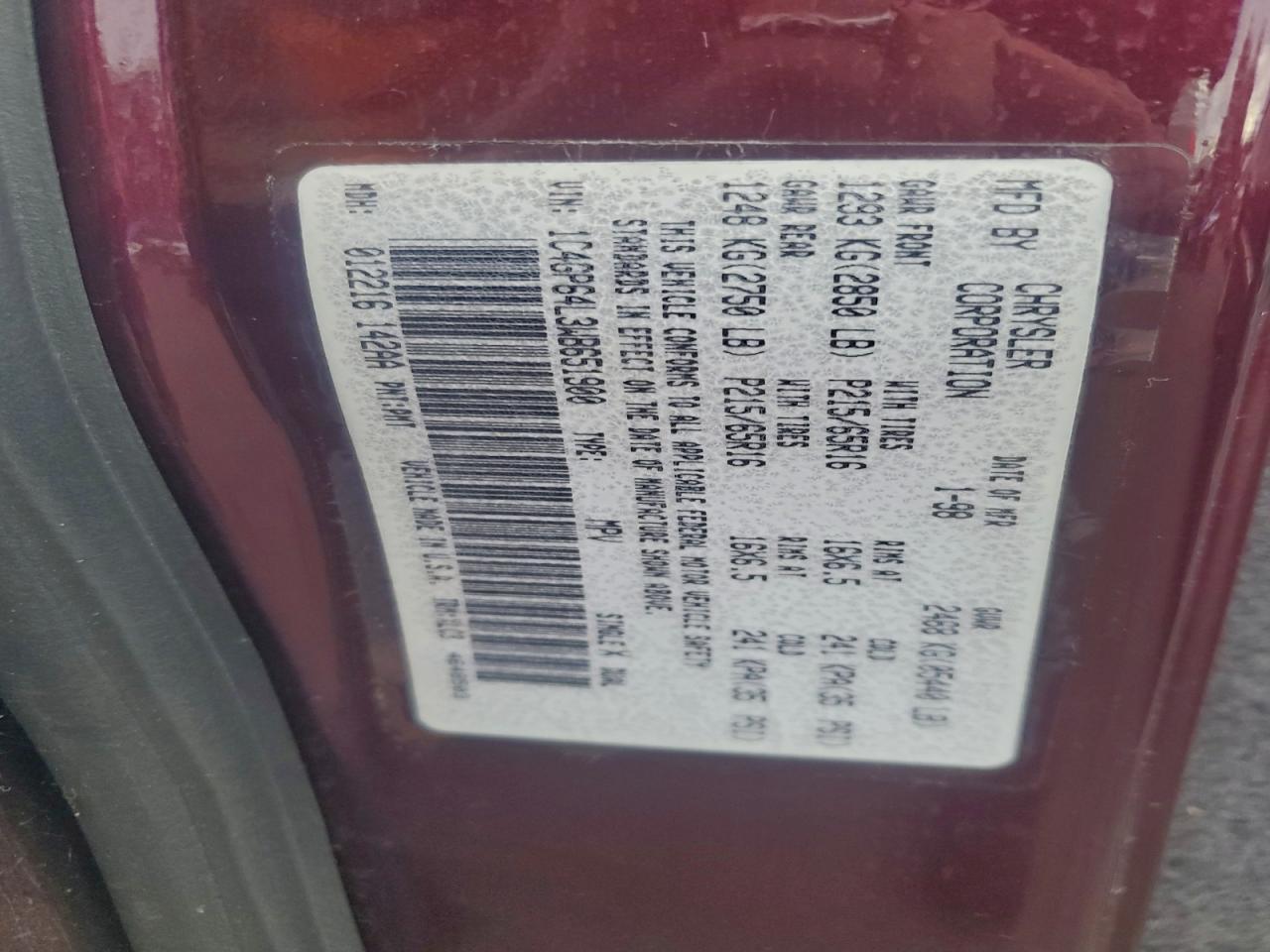 1998 Chrysler Town & Country Lxi Burgundy vin: 1C4GP64L3WB651900