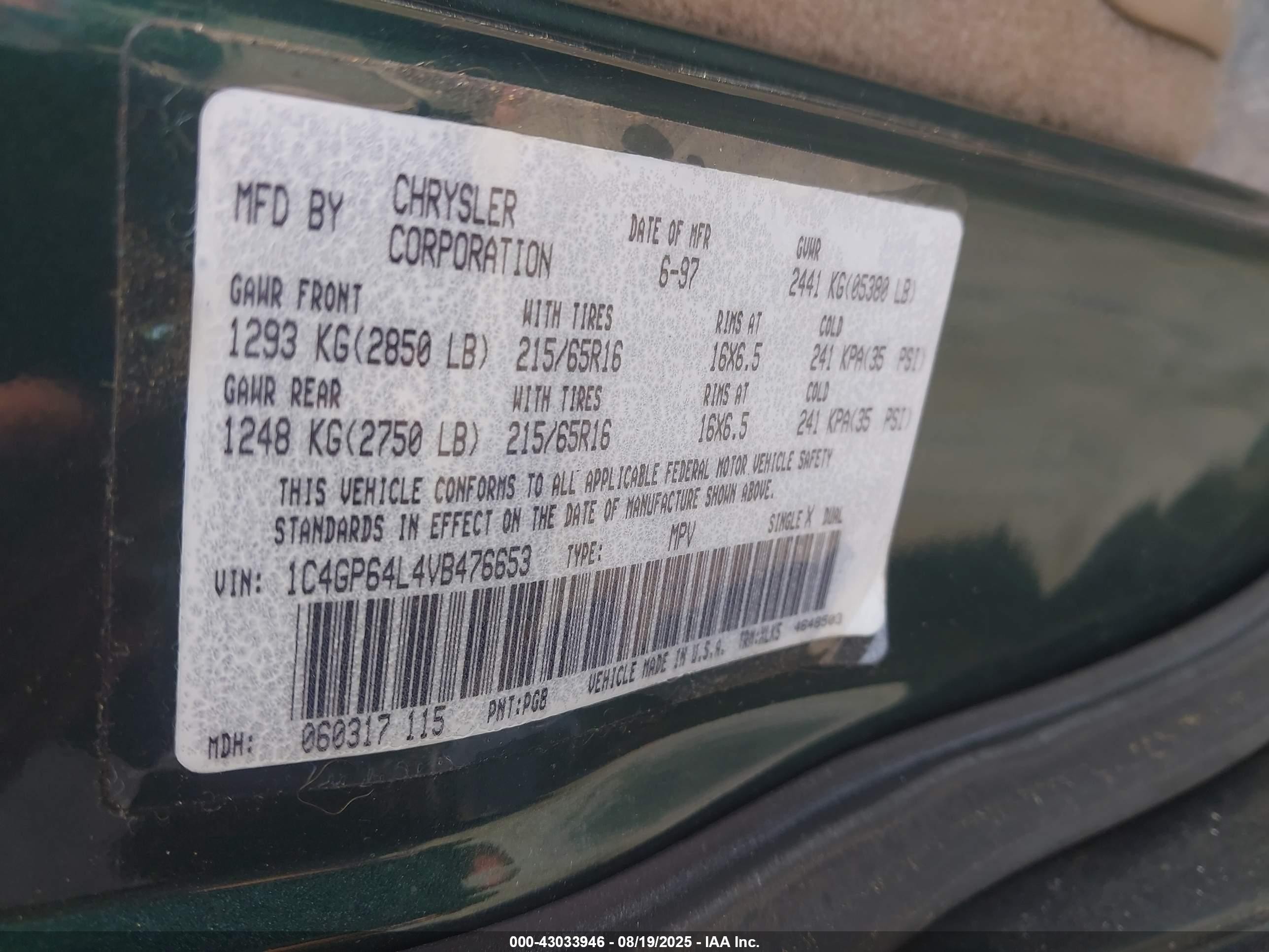 1997 Chrysler Town & Country Lxi Зеленый vin: 1C4GP64L4VB476653
