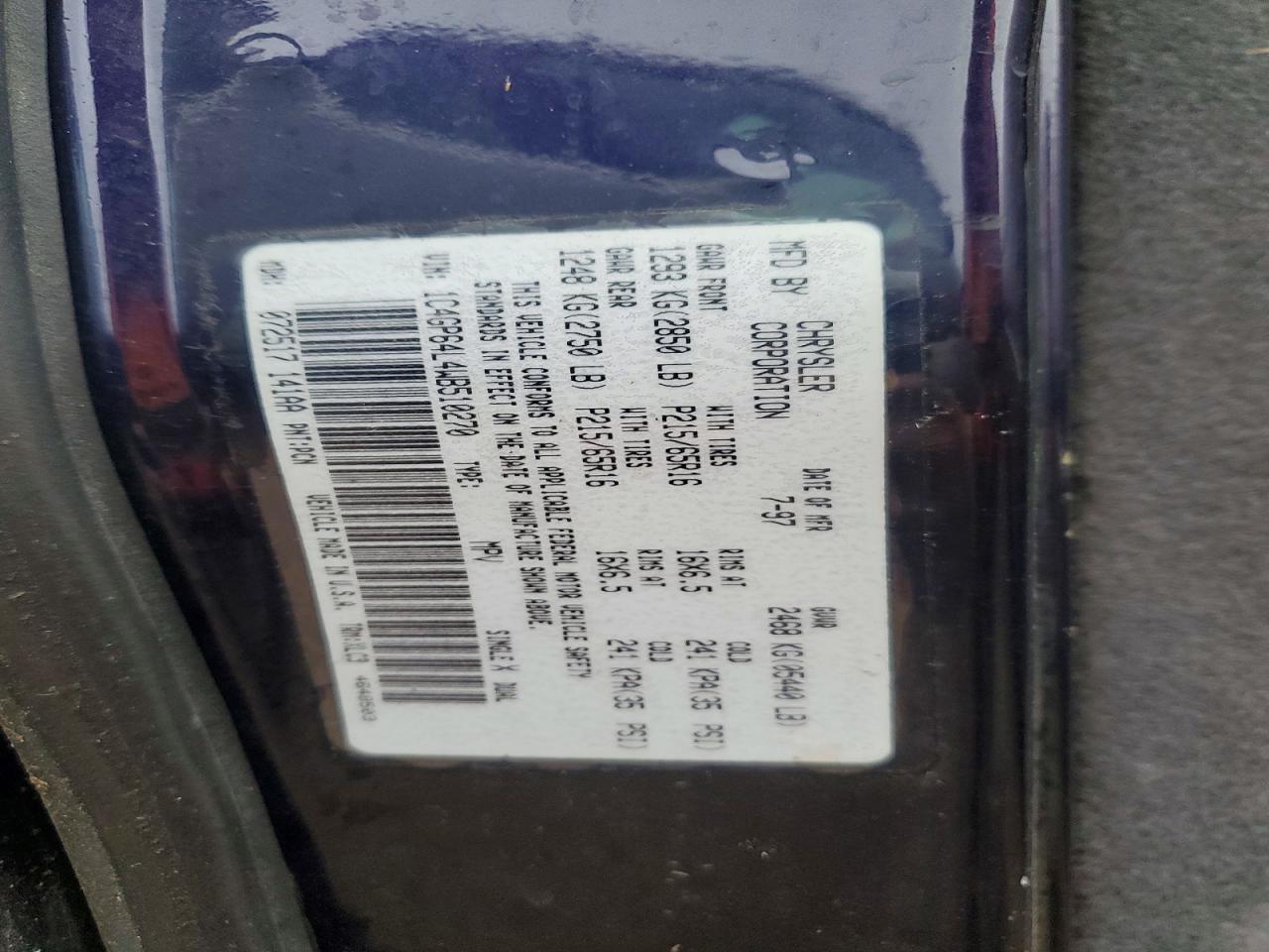 1998 Chrysler Town & Country Lxi Blue vin: 1C4GP64L4WB510270