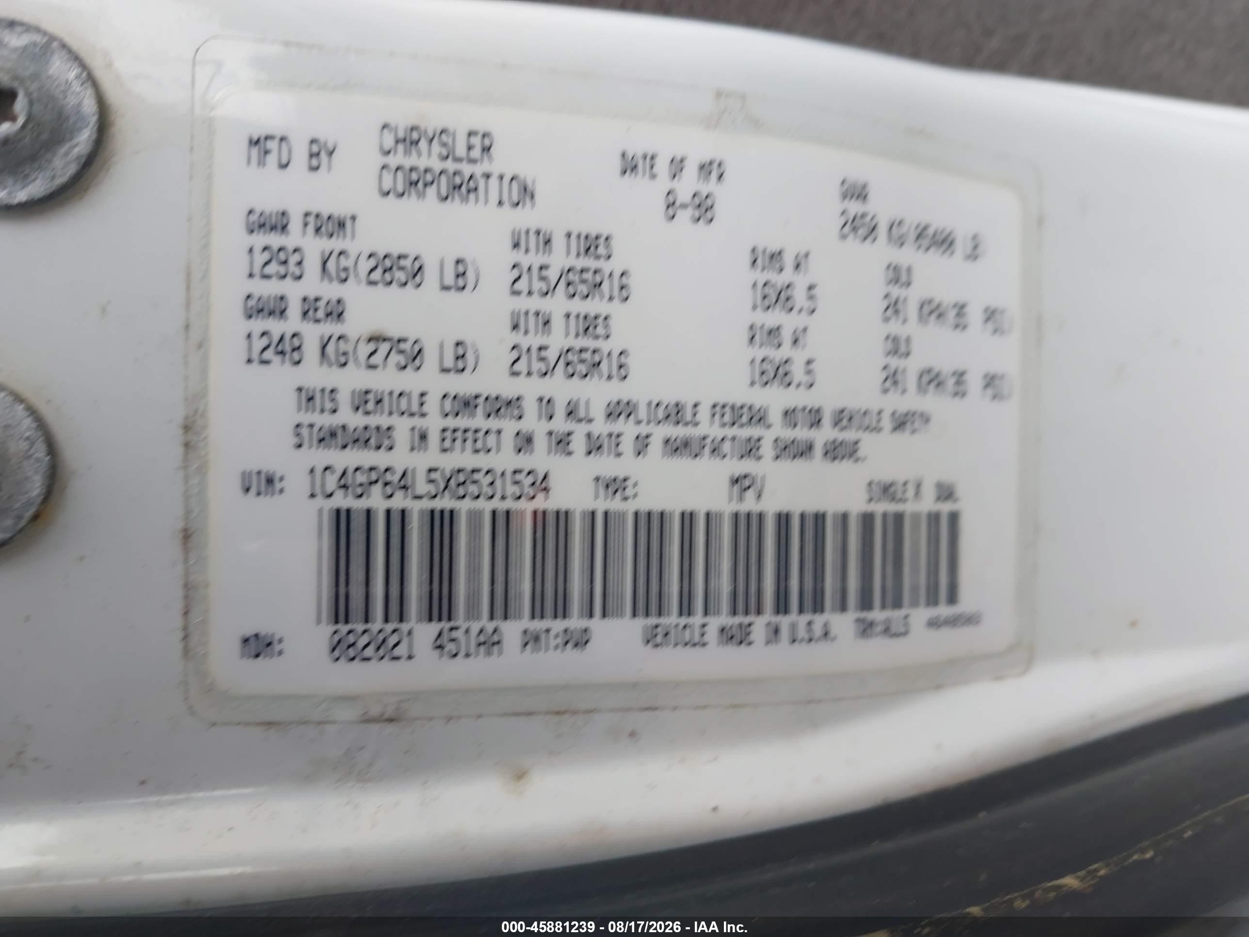 1999 Chrysler Town & Country Limited White vin: 1C4GP64L5XB531534
