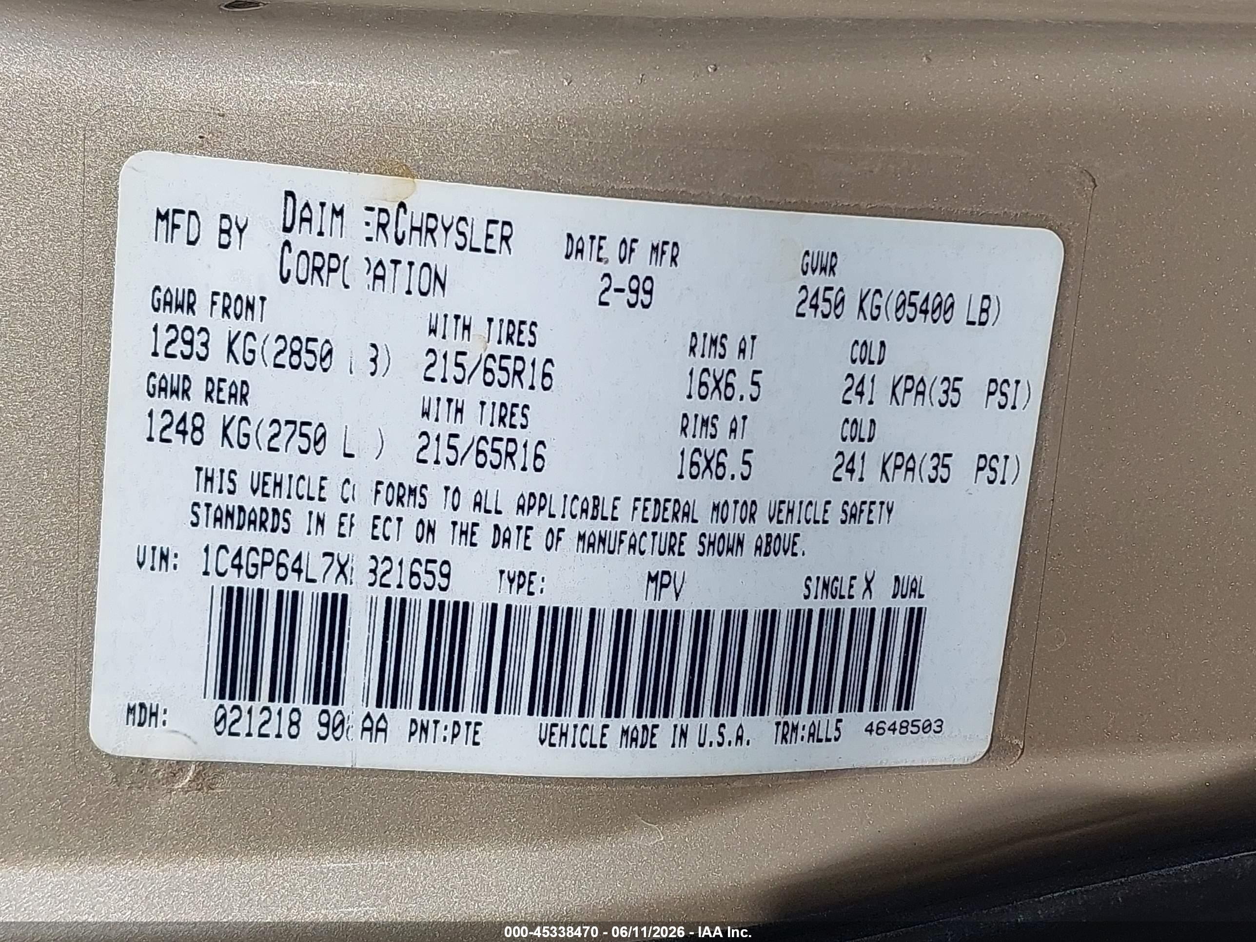 1999 Chrysler Town & Country Limited Желто-коричневый vin: 1C4GP64L7XB821659