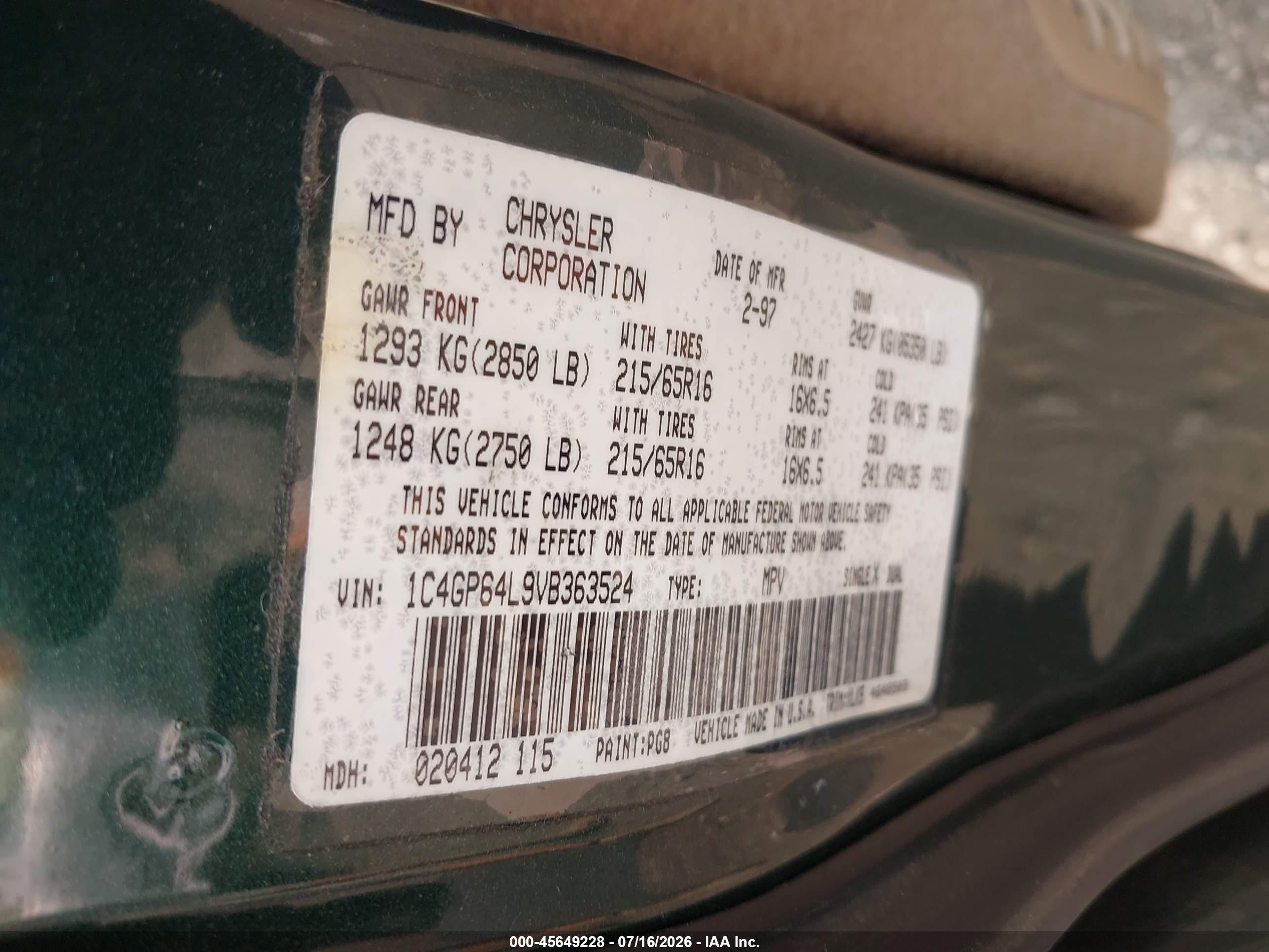 1997 Chrysler Town & Country Lxi Зеленый vin: 1C4GP64L9VB363524