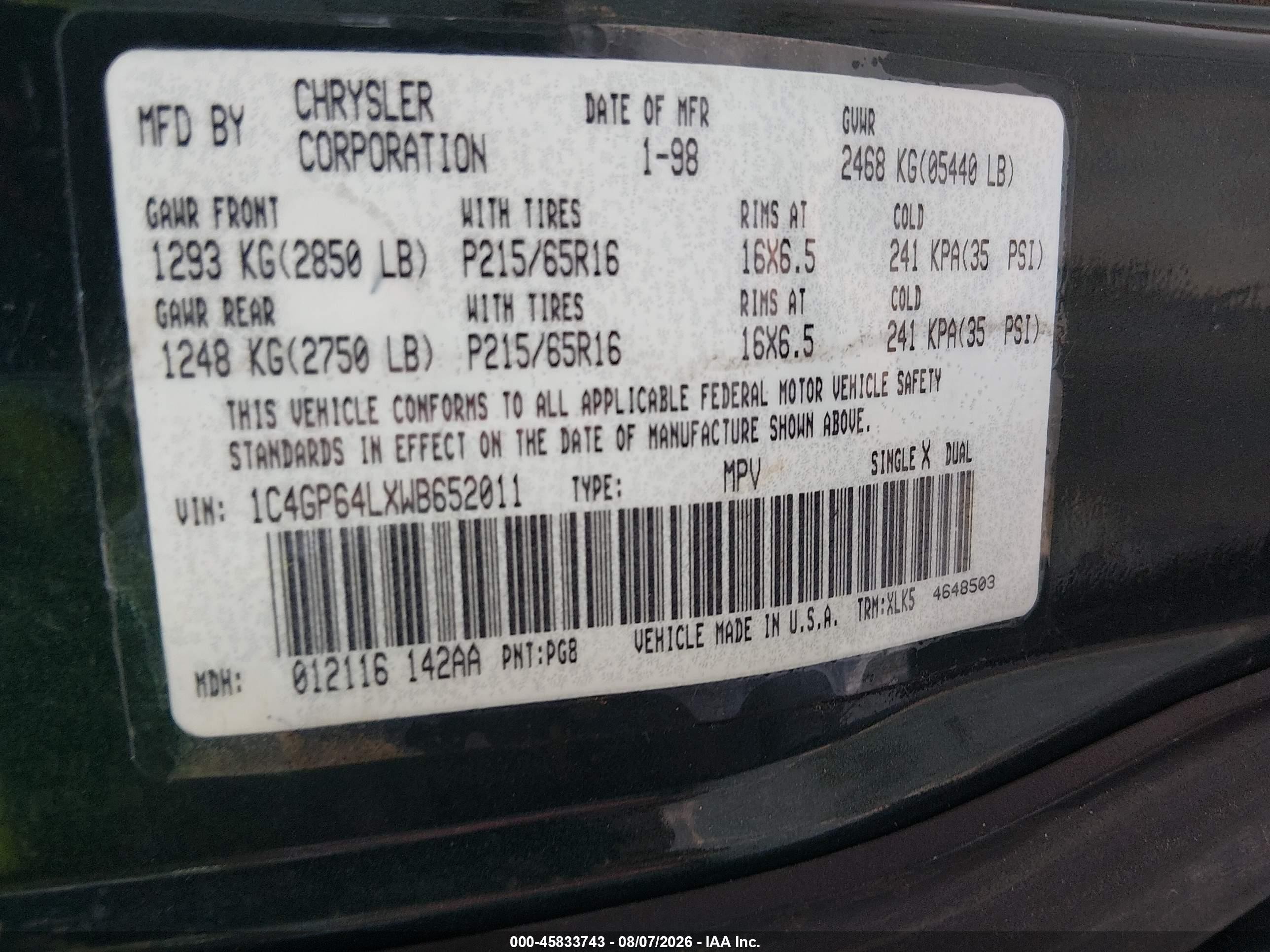 1998 Chrysler Town & Country Lxi Green vin: 1C4GP64LXWB652011
