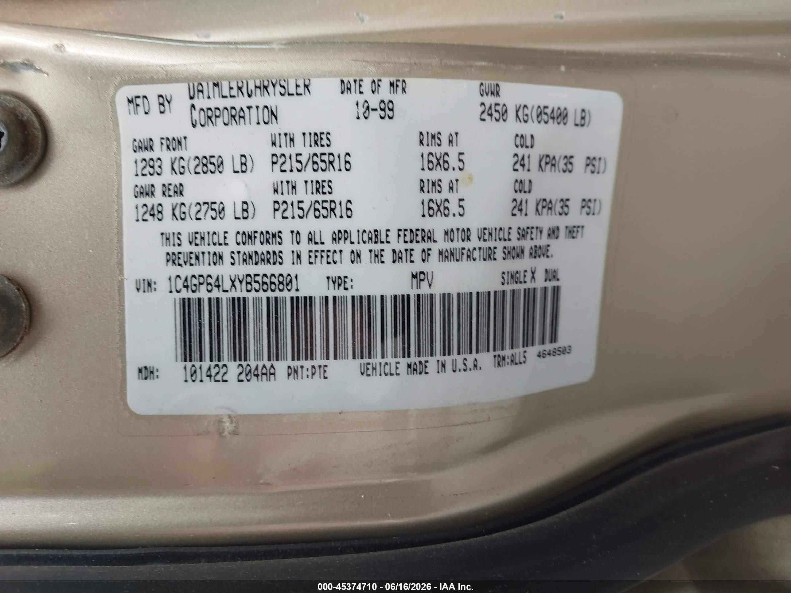 2000 Chrysler Town & Country Limited Beige vin: 1C4GP64LXYB566801