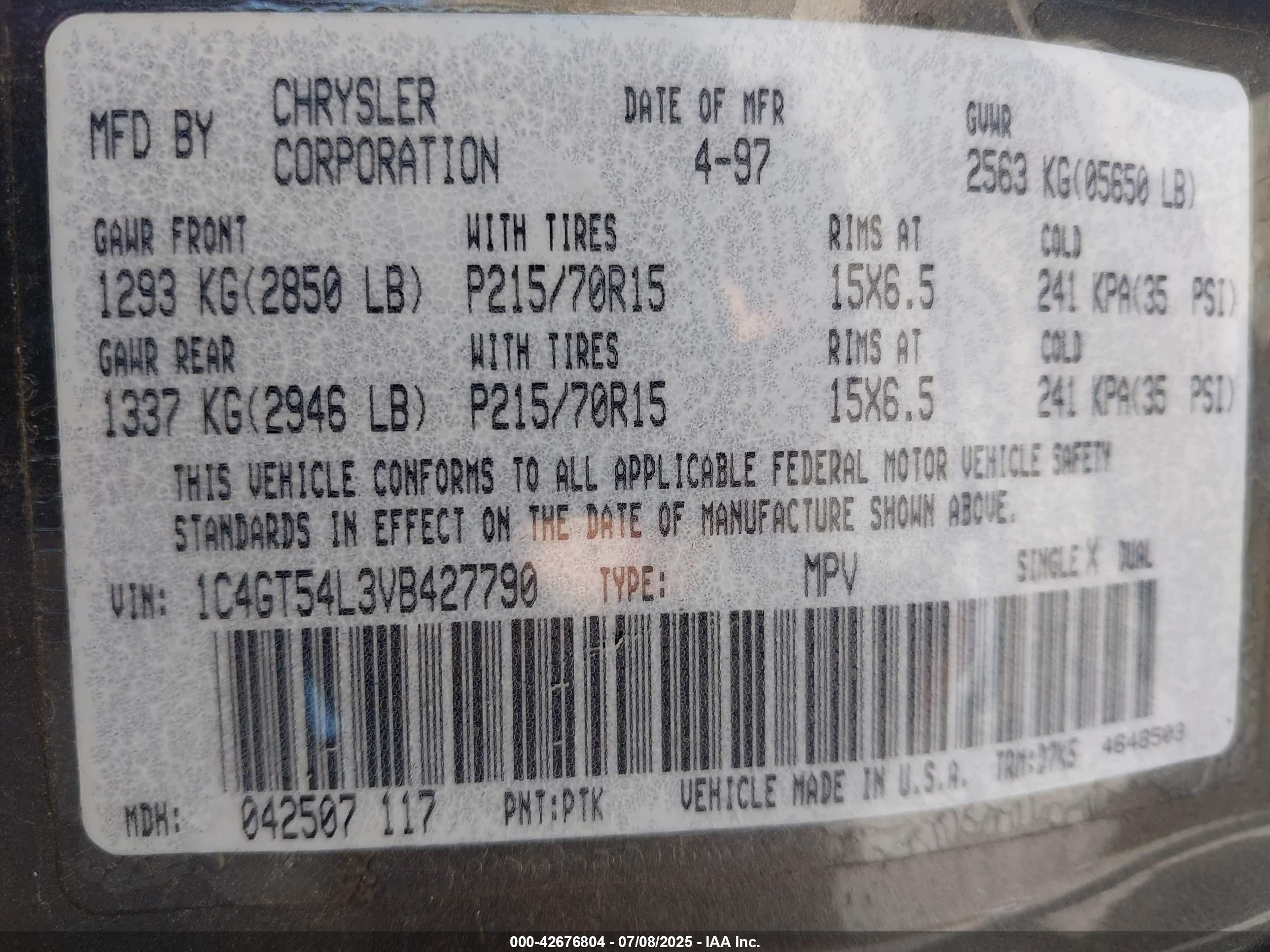 1997 Chrysler Town & Country Lx Бежевый vin: 1C4GT54L3VB427790