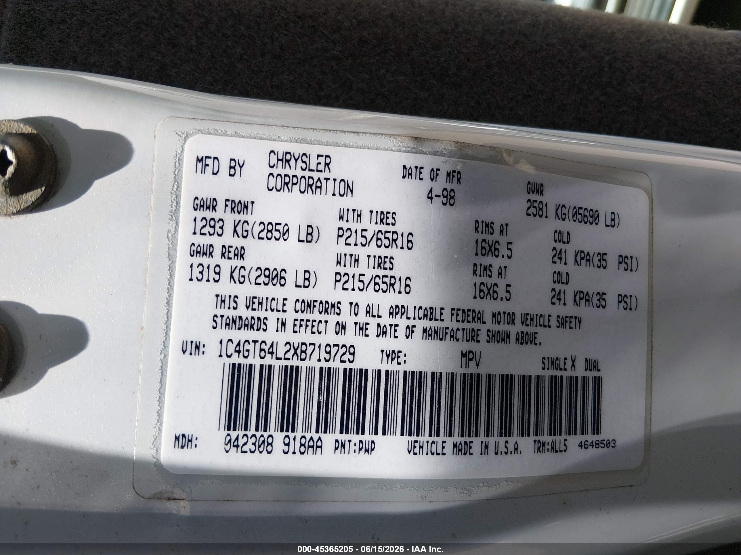 1999 Chrysler Town & Country Limited White vin: 1C4GT64L2XB719729