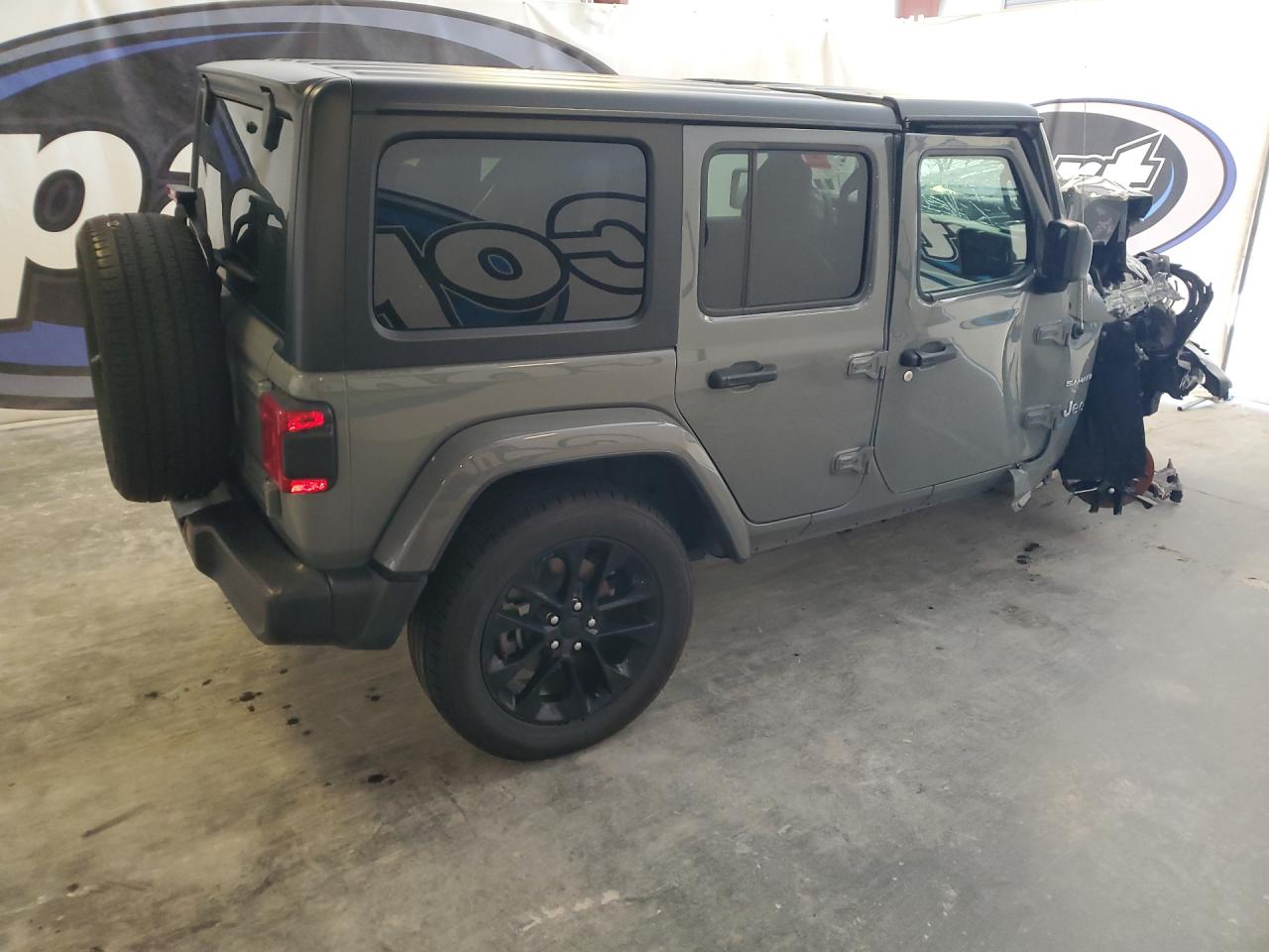 2023 Jeep Wrangler Sahara 4xe Gray vin: 1C4JJXP68PW698935 Damage: Right Front Door, Severe Damage, Replacement Required