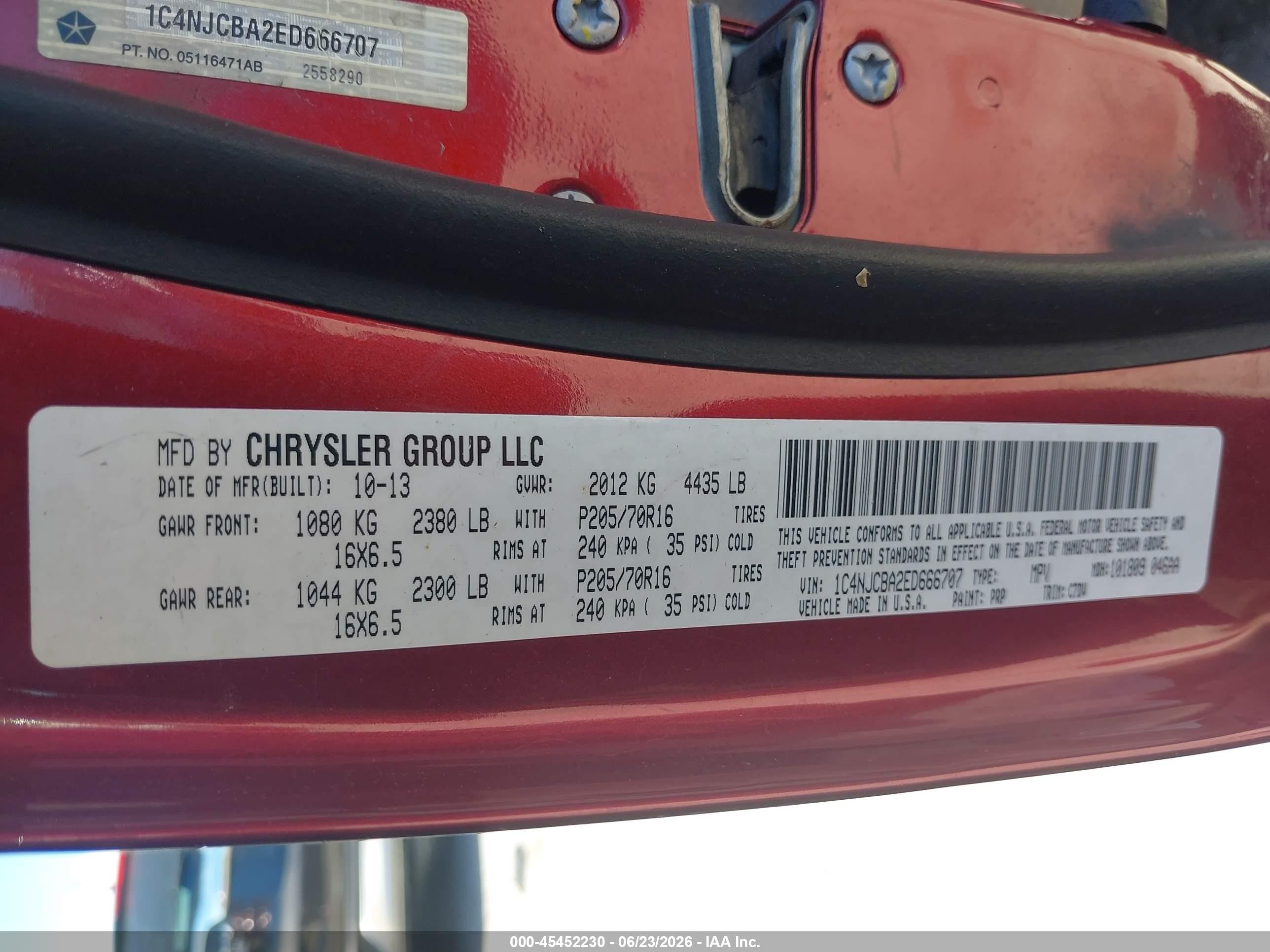 2014 Jeep Compass Sport Red vin: 1C4NJCBA2ED666707