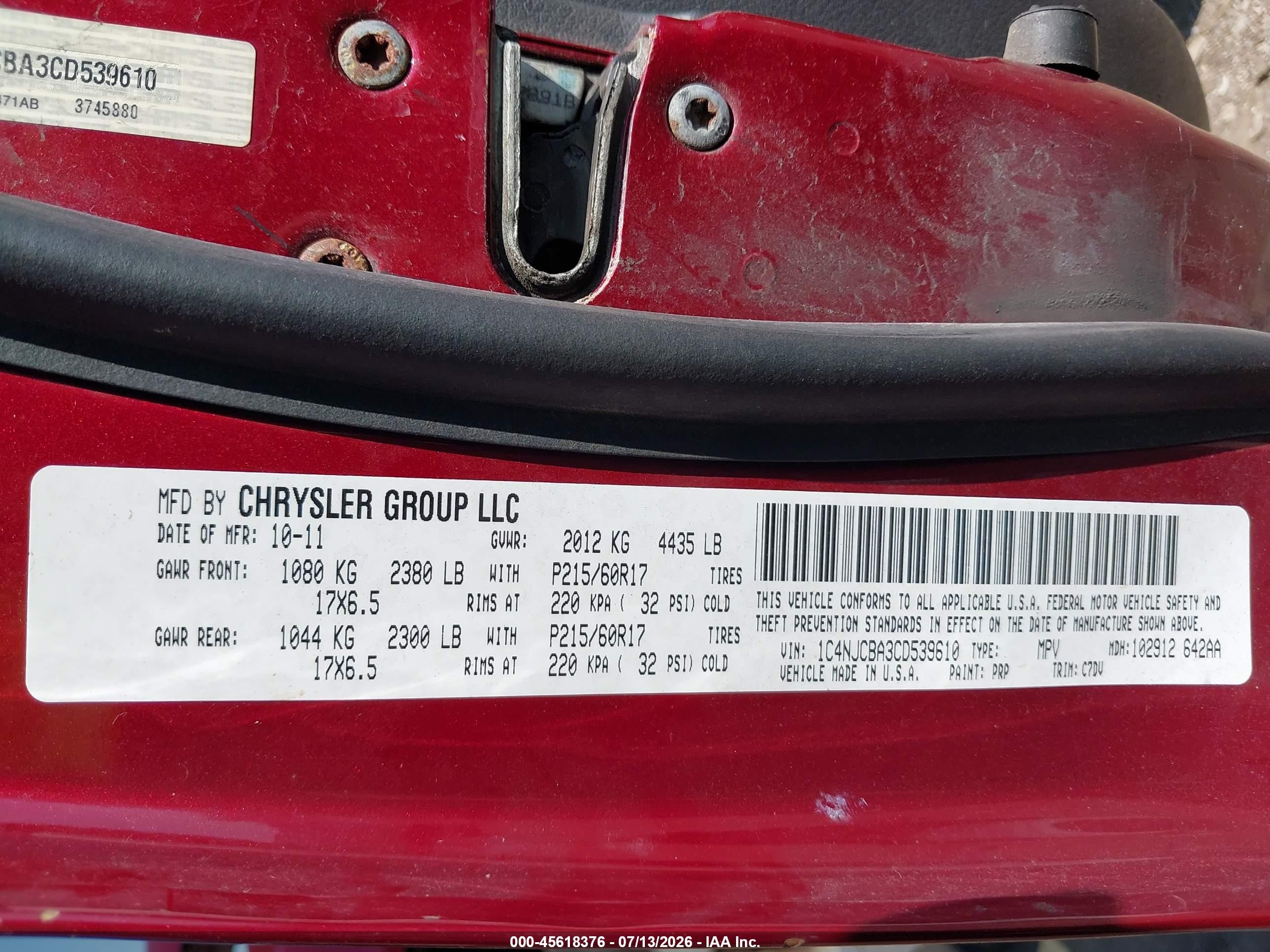 2012 Jeep Compass Sport Red vin: 1C4NJCBA3CD539610