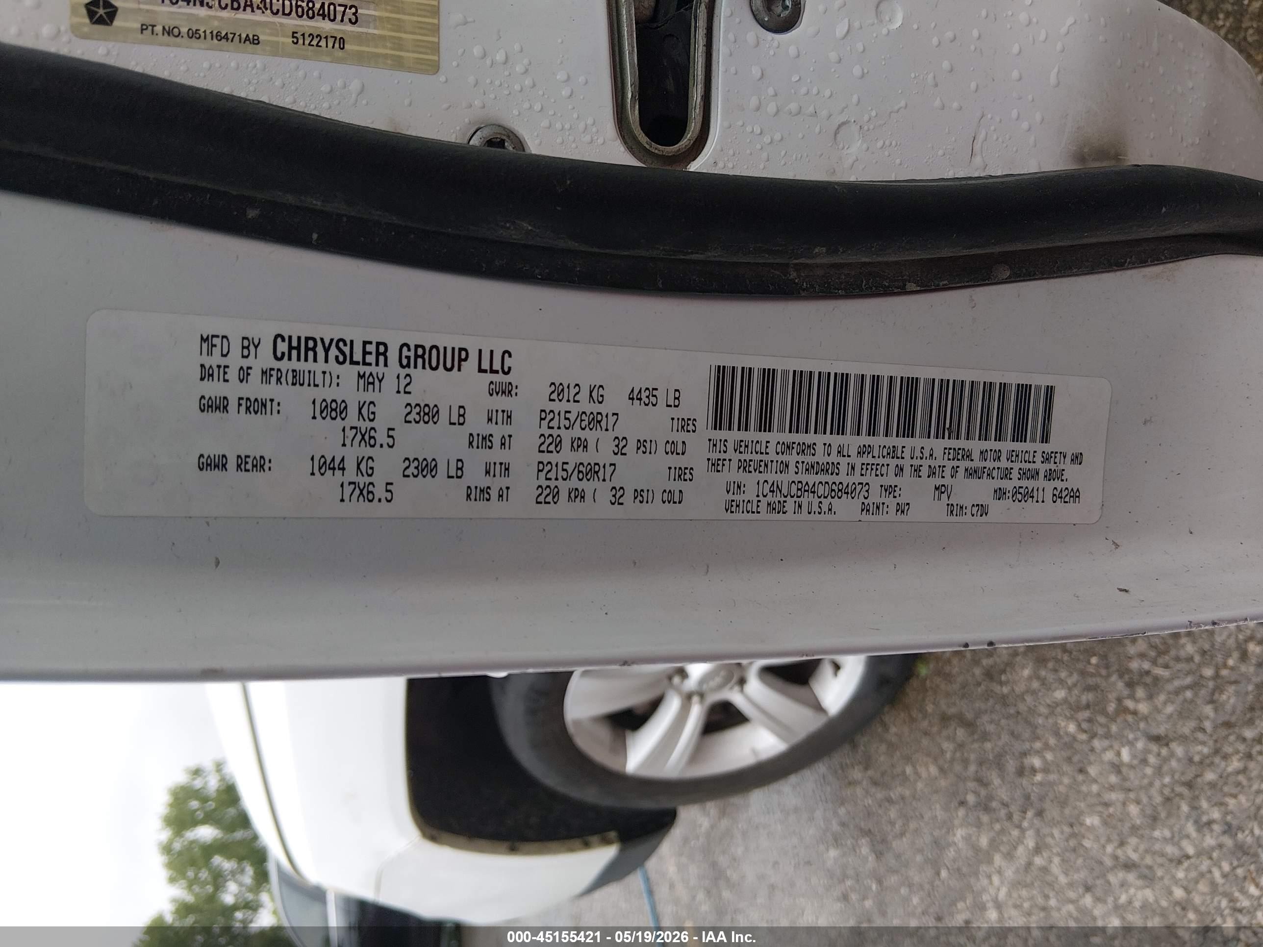 2012 Jeep Compass Sport White vin: 1C4NJCBA4CD684073