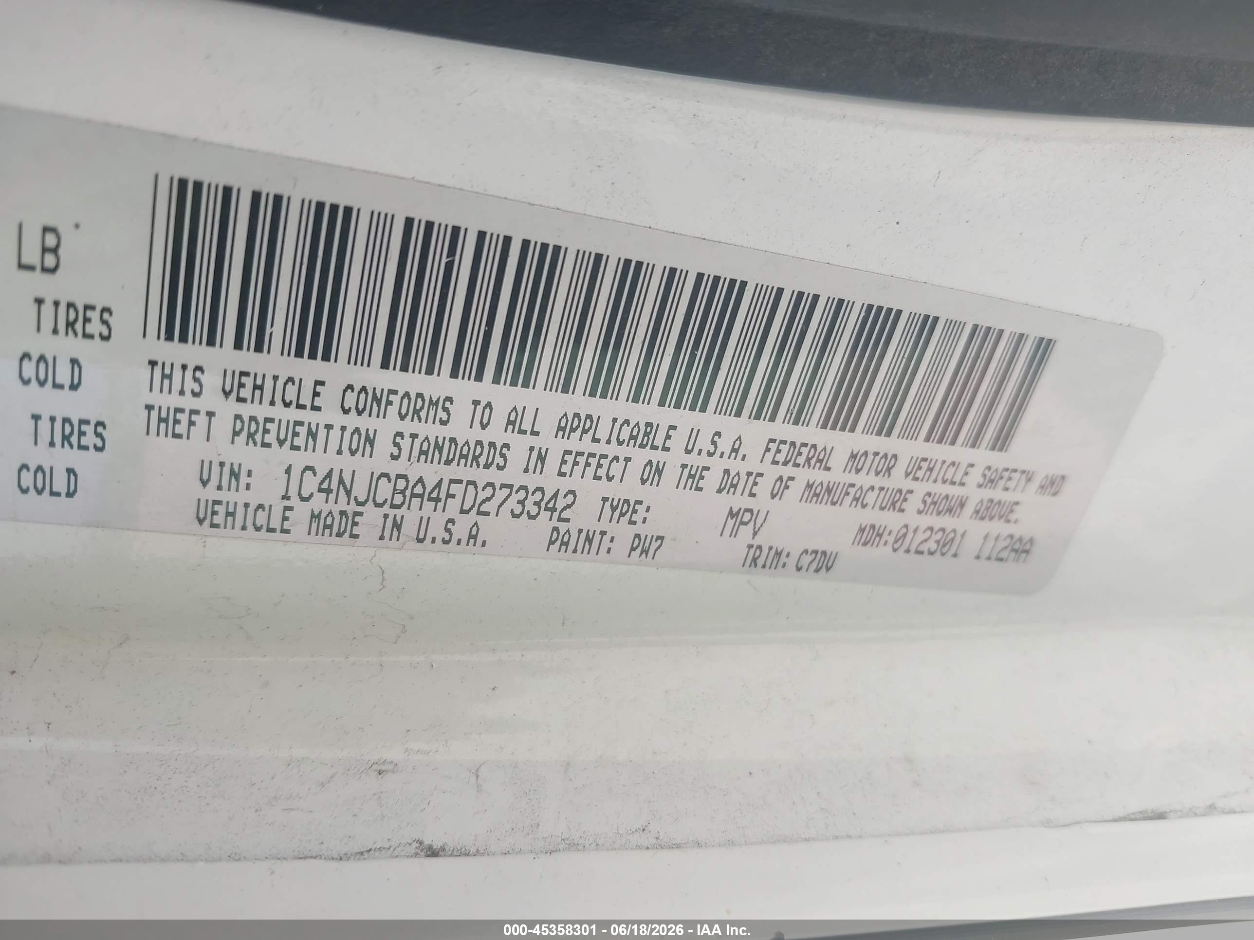2015 Jeep Compass Sport White vin: 1C4NJCBA4FD273342