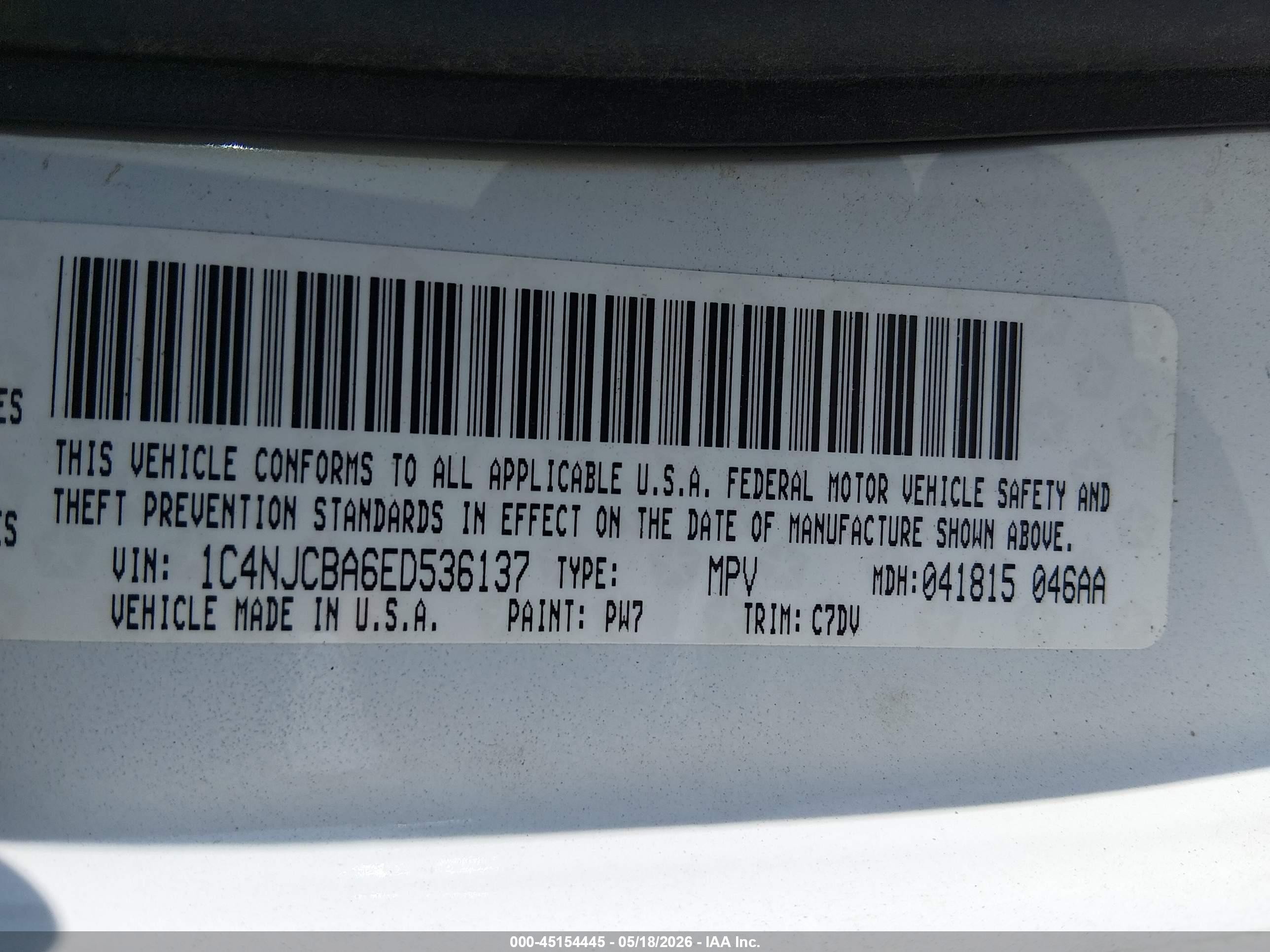 2014 Jeep Compass Sport White vin: 1C4NJCBA6ED536137