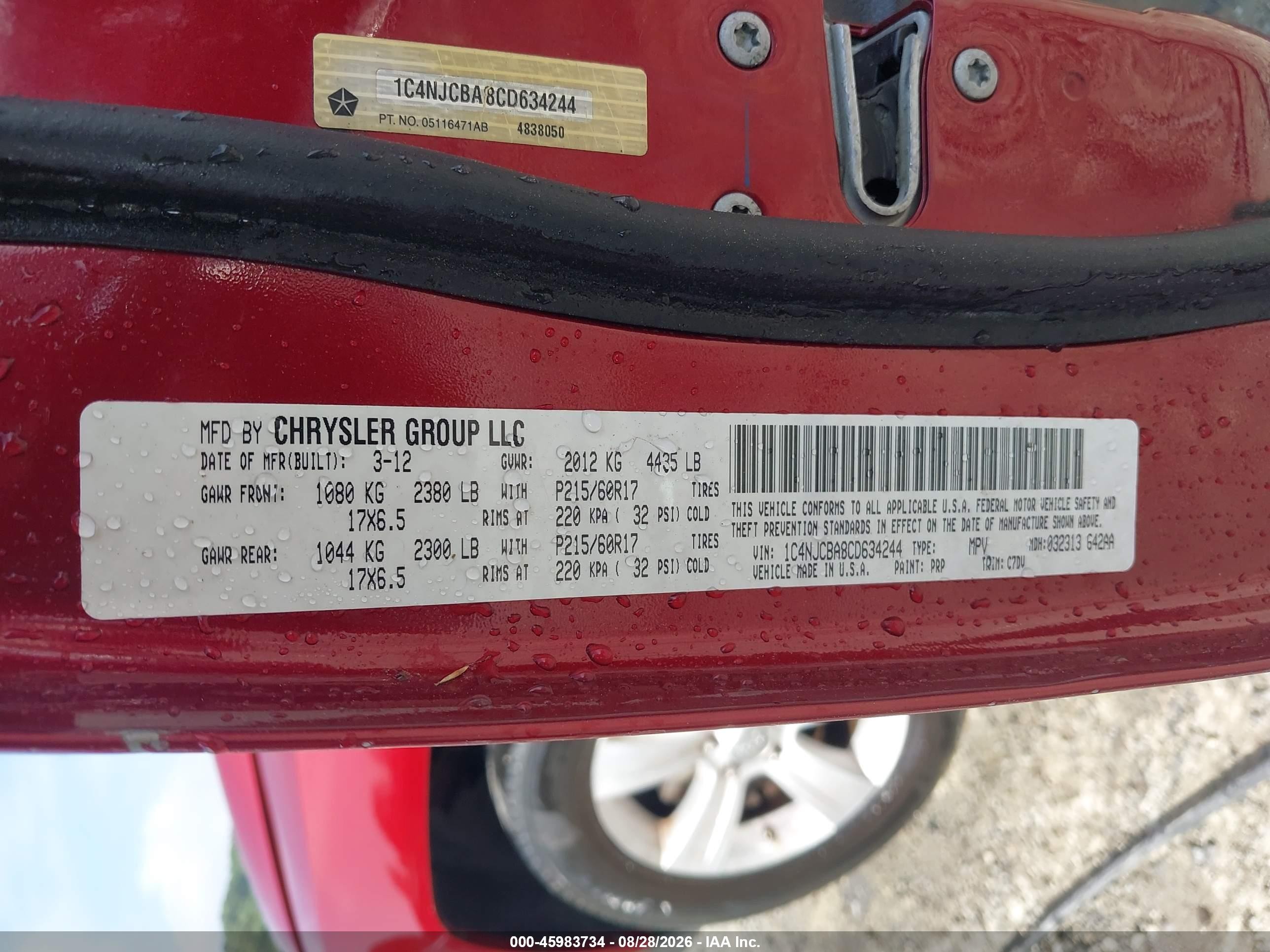 2012 Jeep Compass Sport Red vin: 1C4NJCBA8CD634244