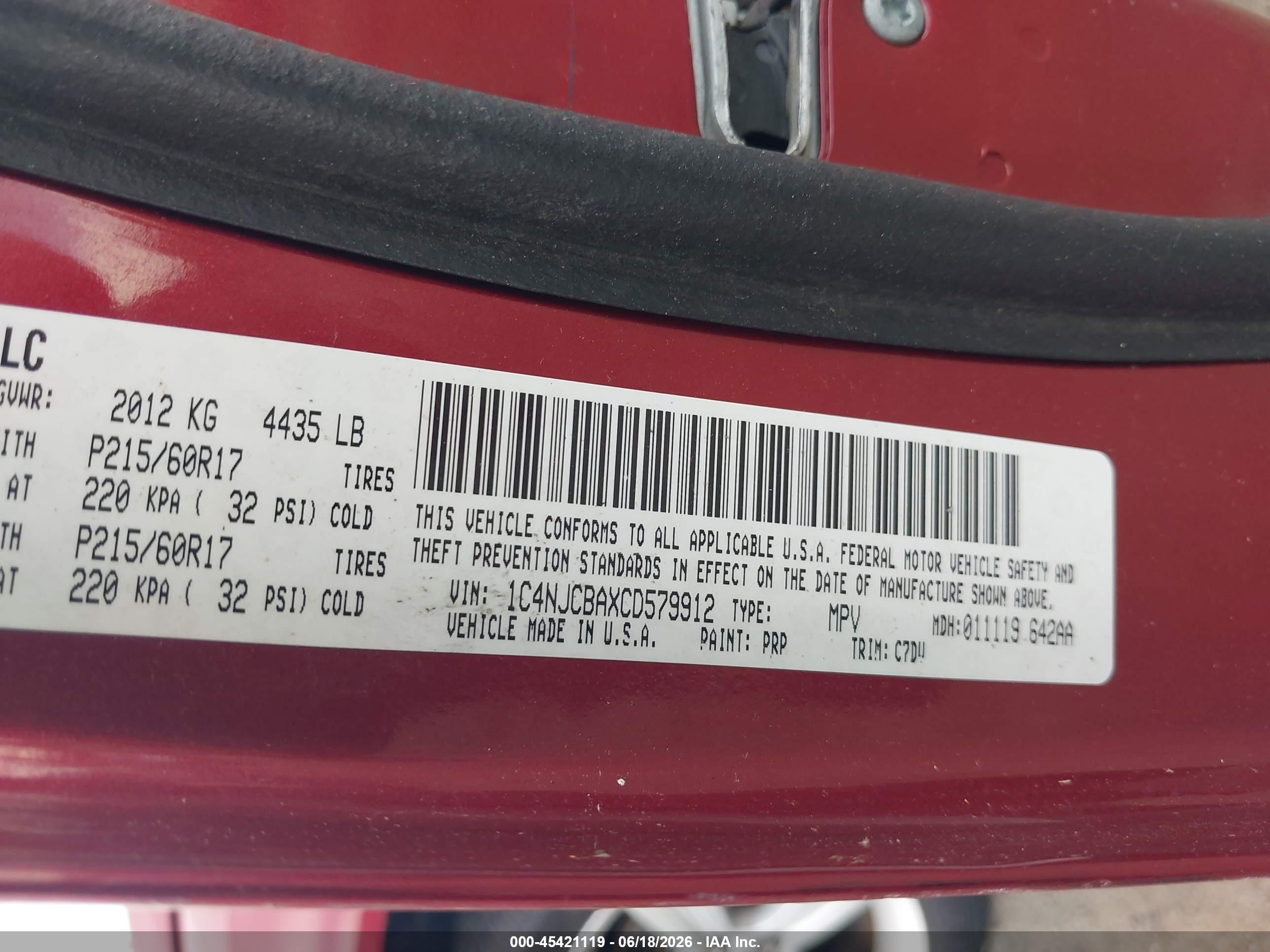 2012 Jeep Compass Sport Red vin: 1C4NJCBAXCD579912