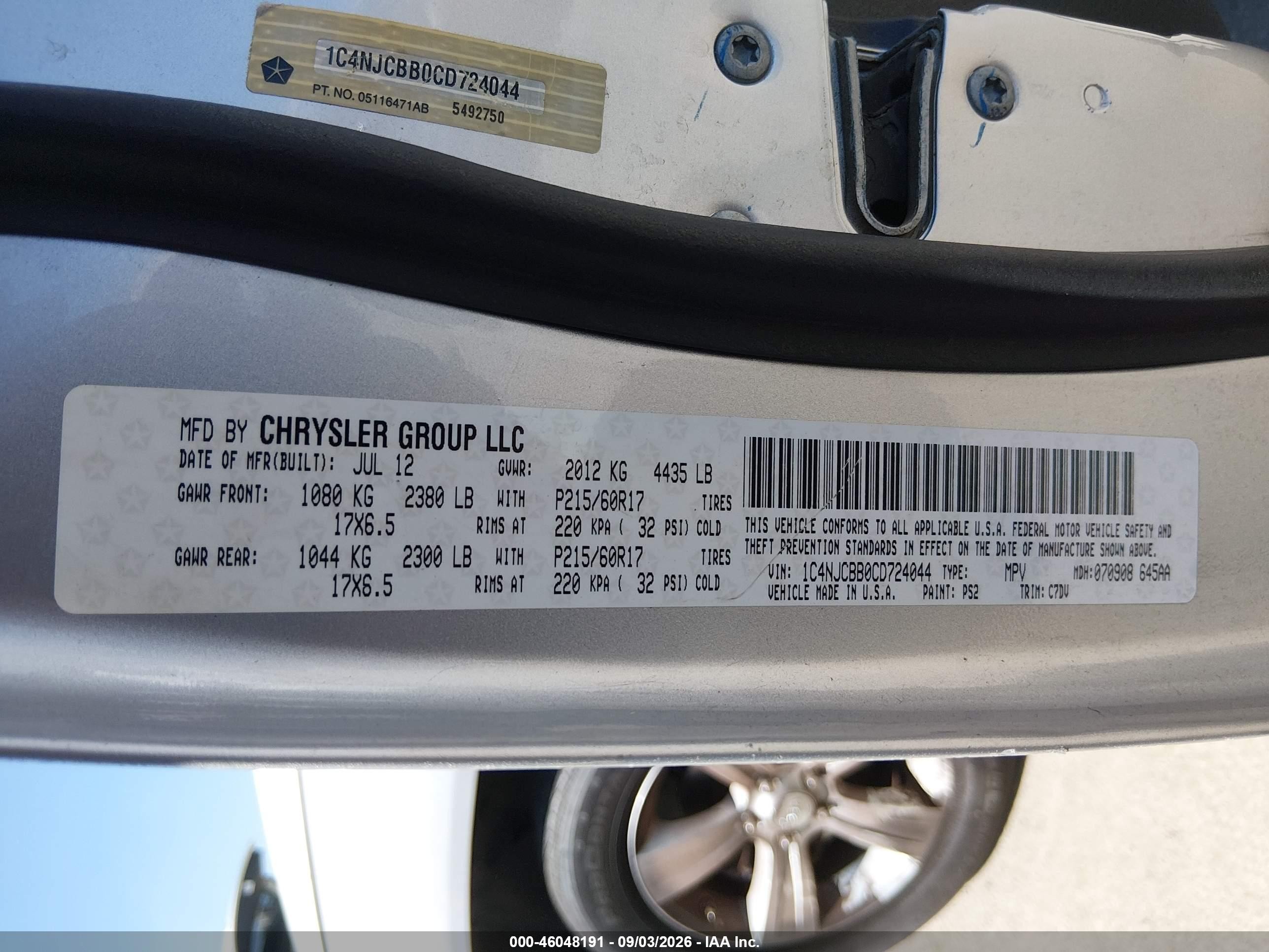 2012 Jeep Compass Sport Серебряный vin: 1C4NJCBB0CD724044