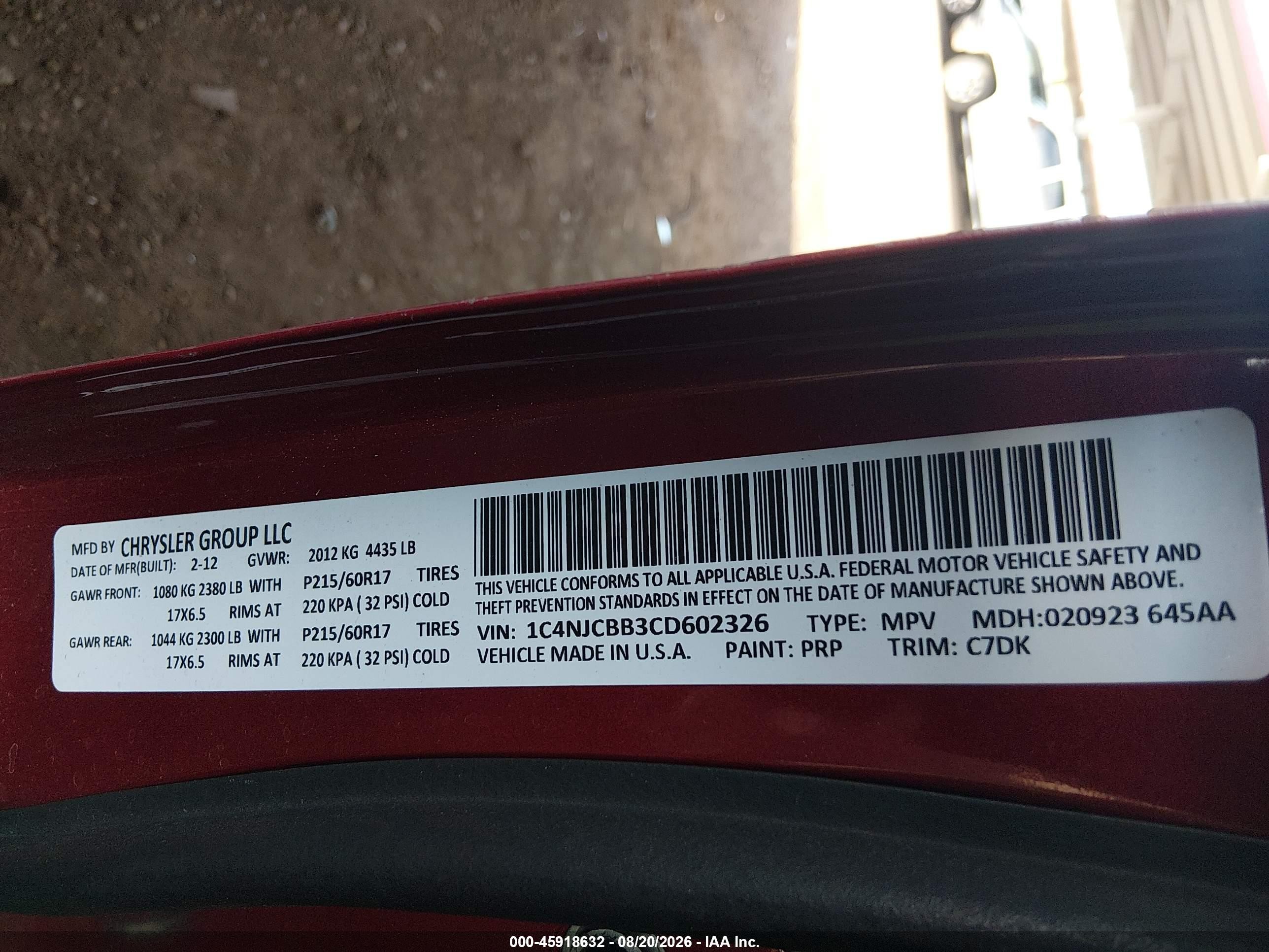 2012 Jeep Compass Sport Red vin: 1C4NJCBB3CD602326