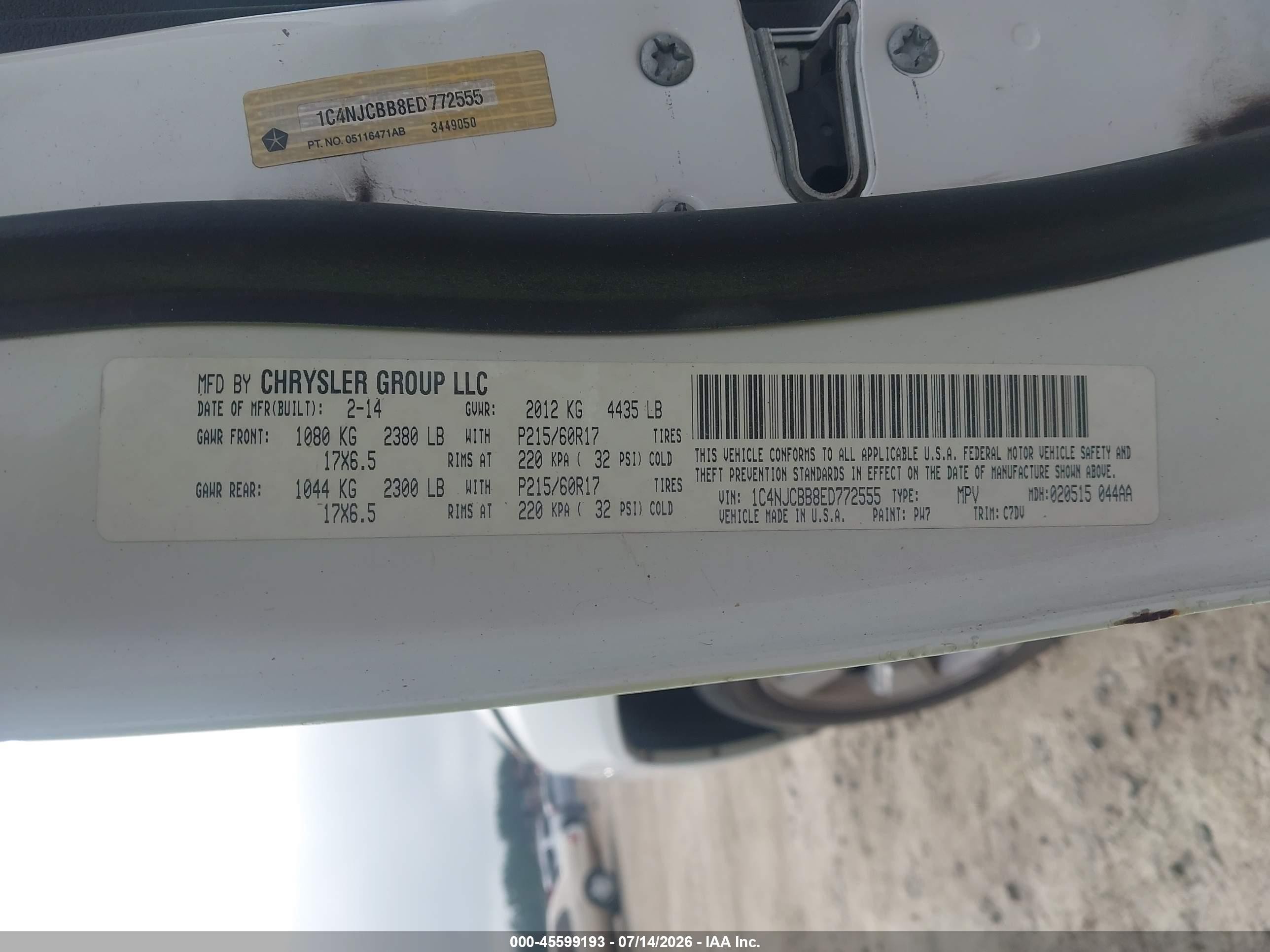 2014 Jeep Compass Sport White vin: 1C4NJCBB8ED772555
