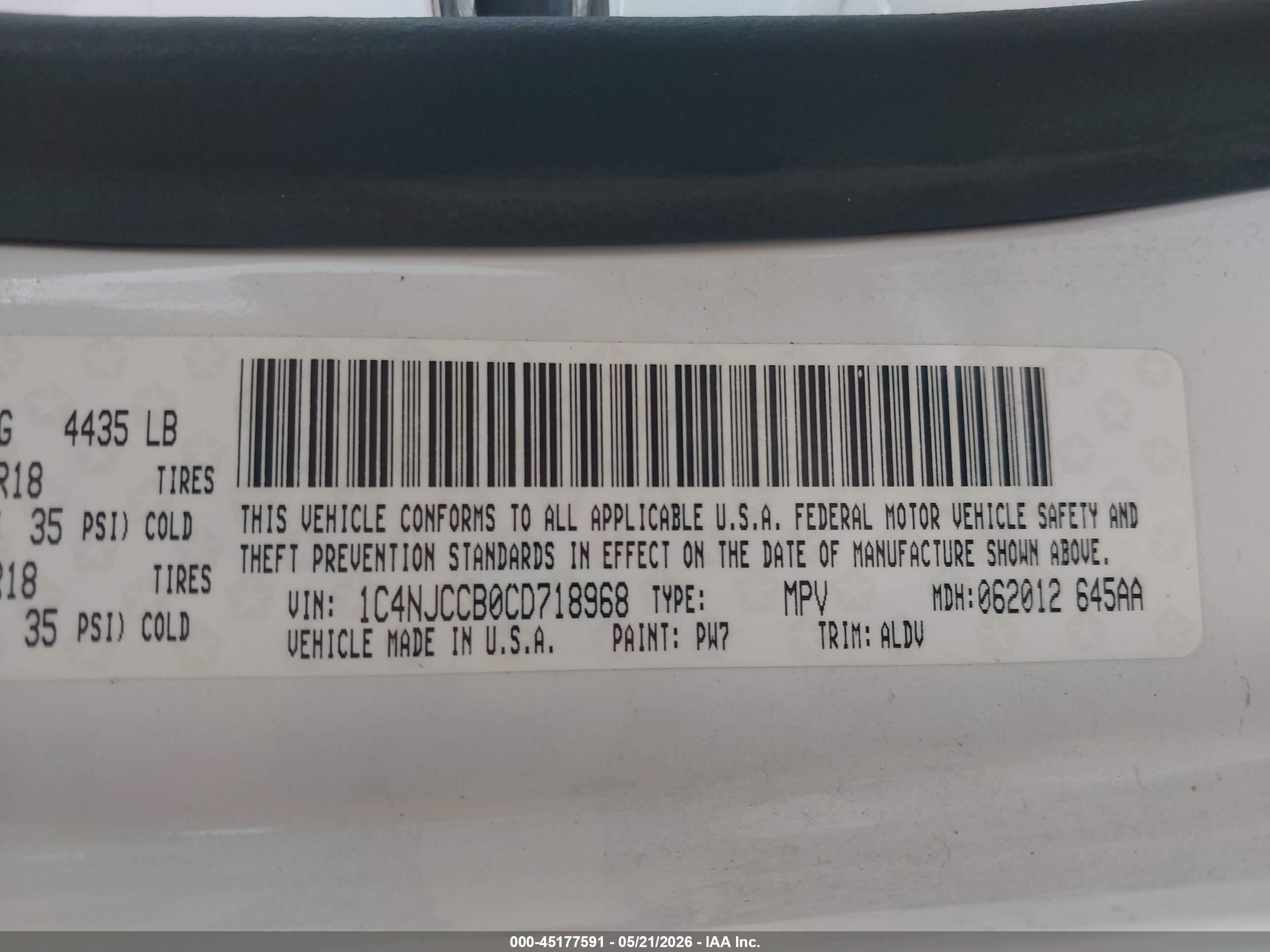 2012 Jeep Compass Limited White vin: 1C4NJCCB0CD718968