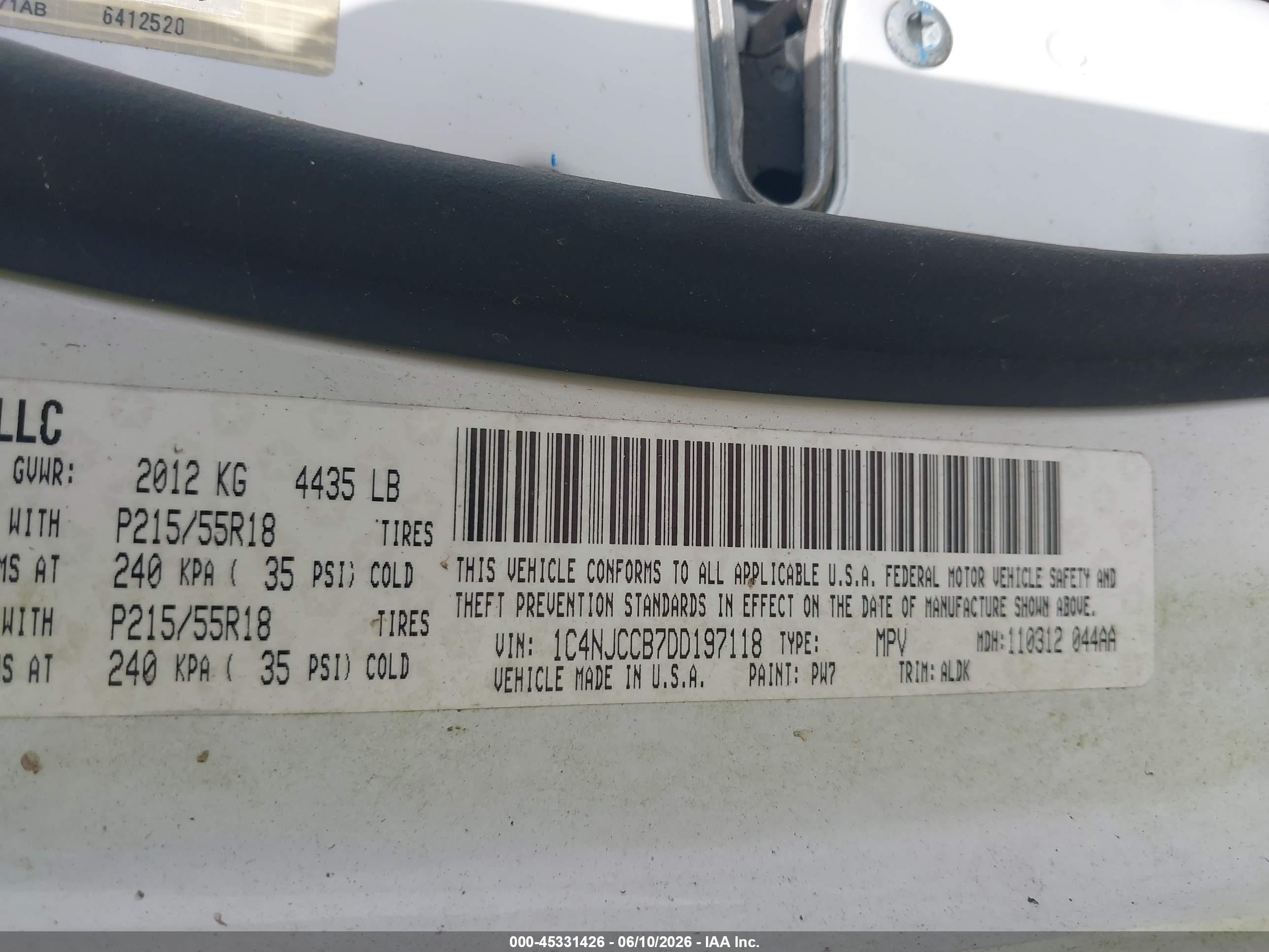 2013 Jeep Compass Limited Белый vin: 1C4NJCCB7DD197118