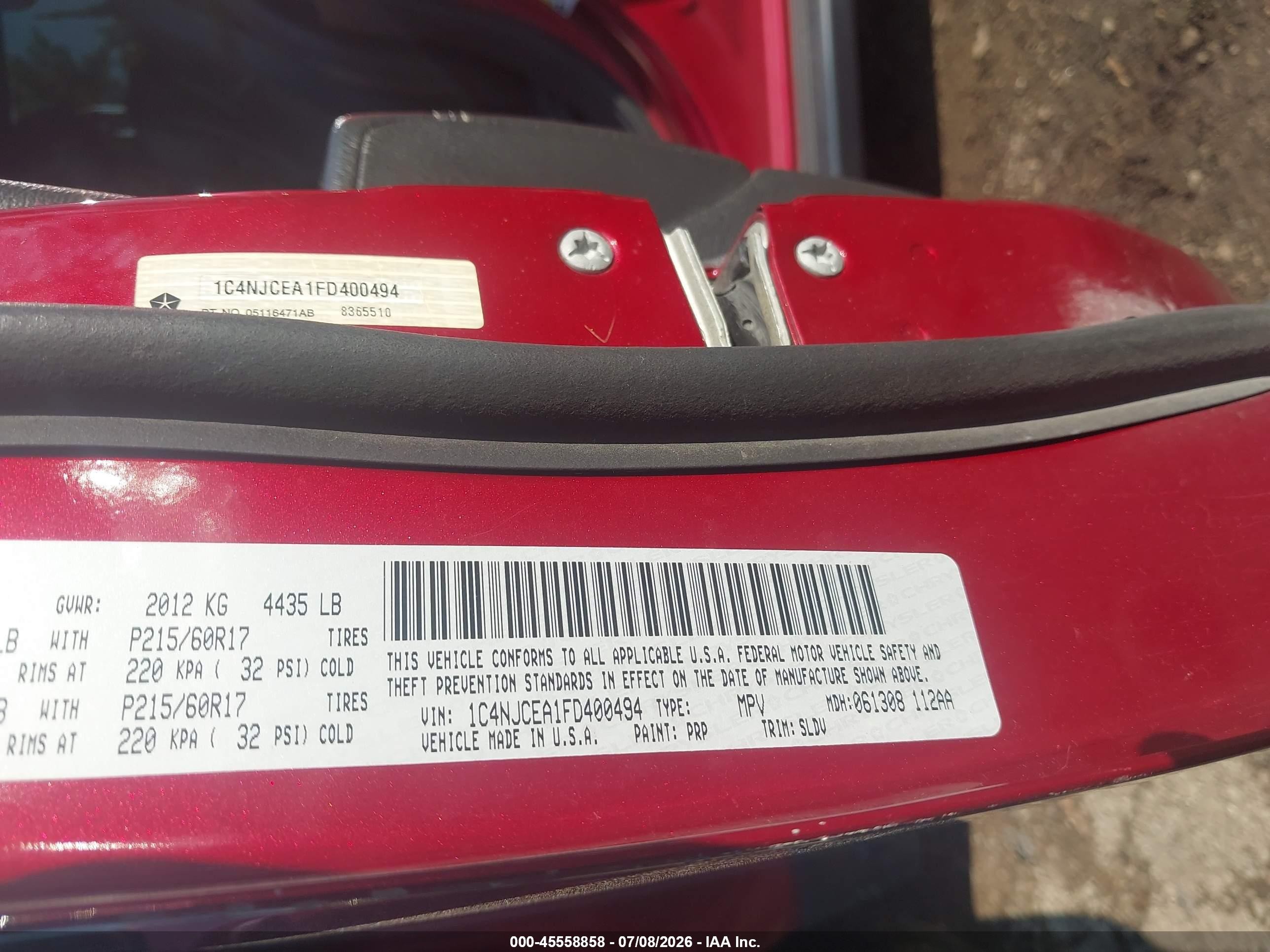 2015 Jeep Compass High Altitude Edition Red vin: 1C4NJCEA1FD400494