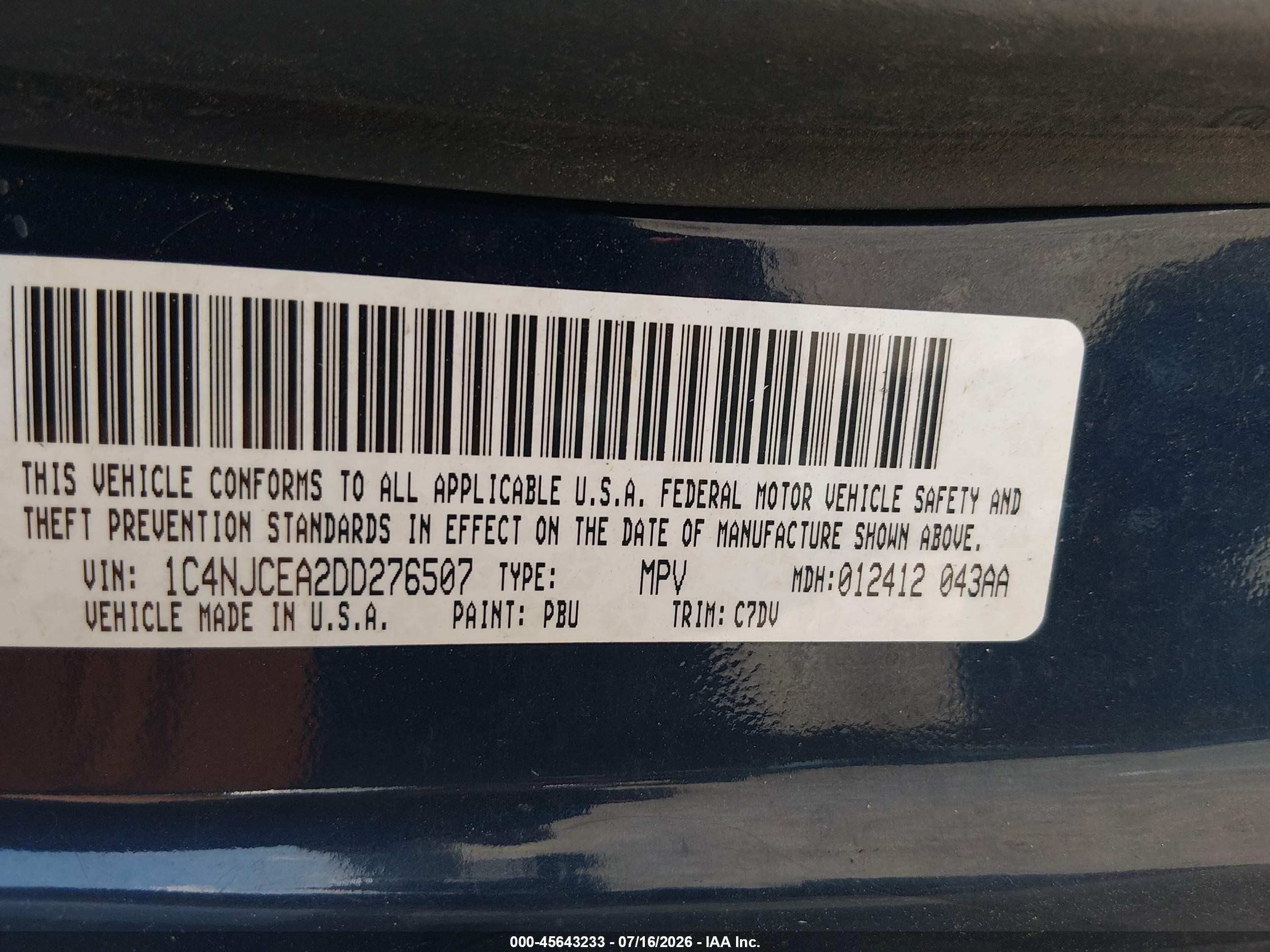 2013 Jeep Compass Latitude Blue vin: 1C4NJCEA2DD276507