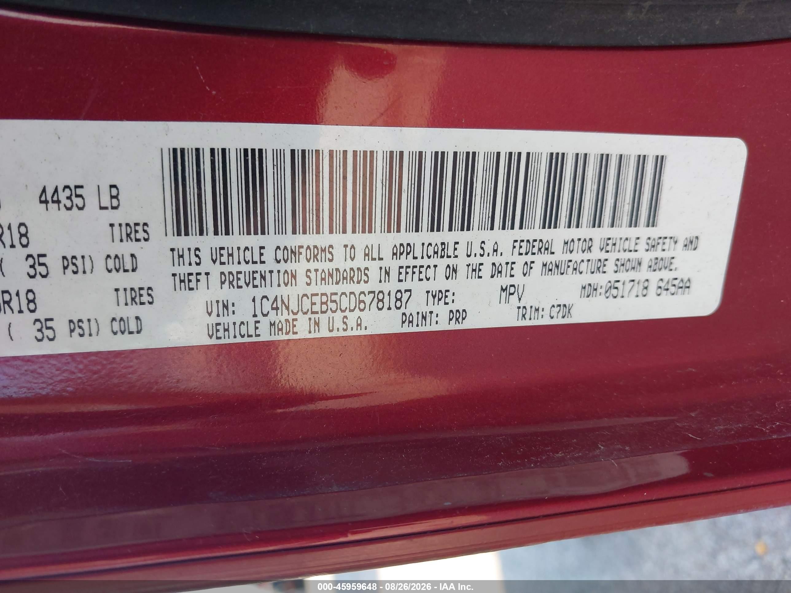 2012 Jeep Compass Latitude Maroon vin: 1C4NJCEB5CD678187