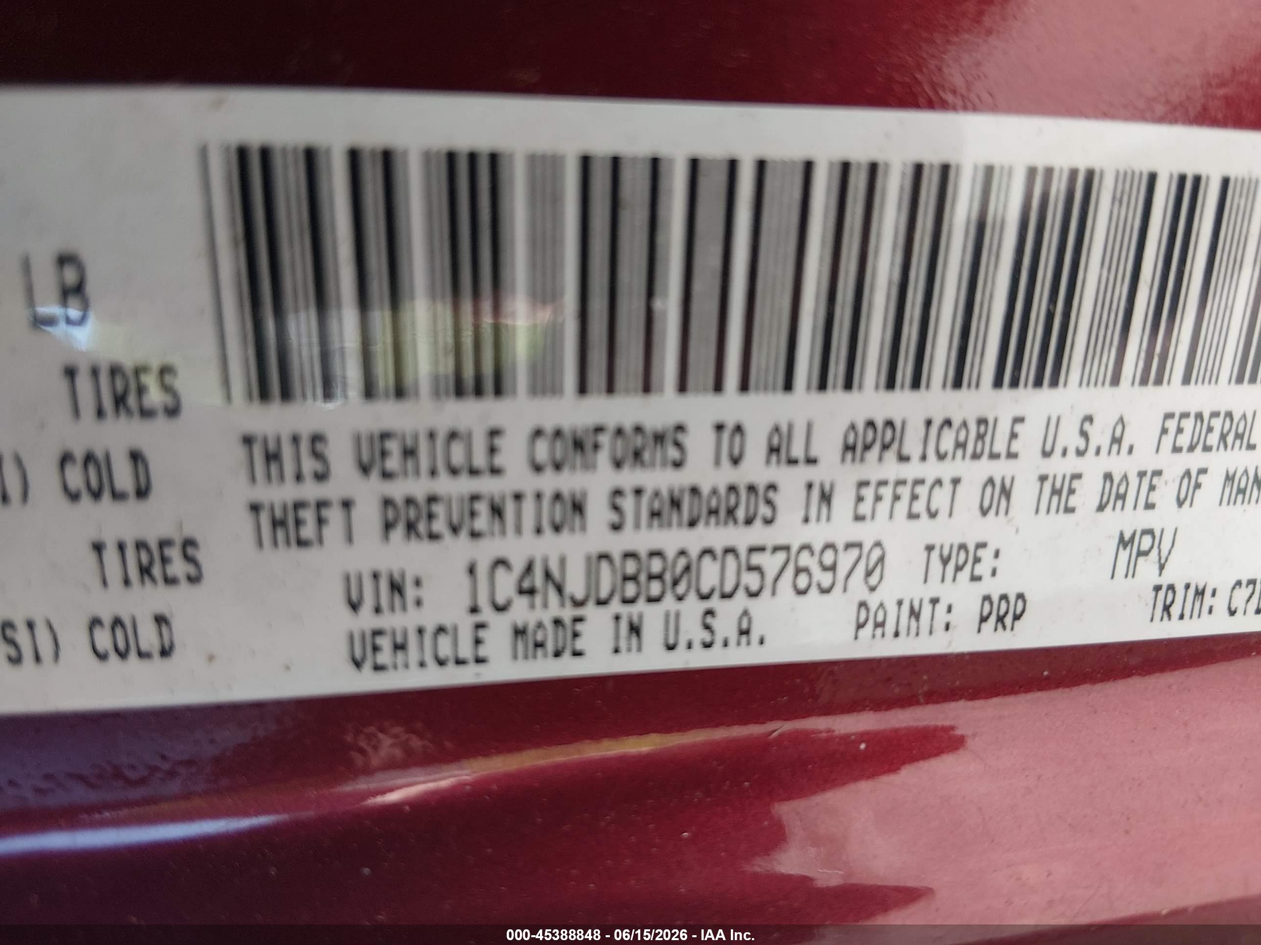 2012 Jeep Compass Sport Red vin: 1C4NJDBB0CD576970