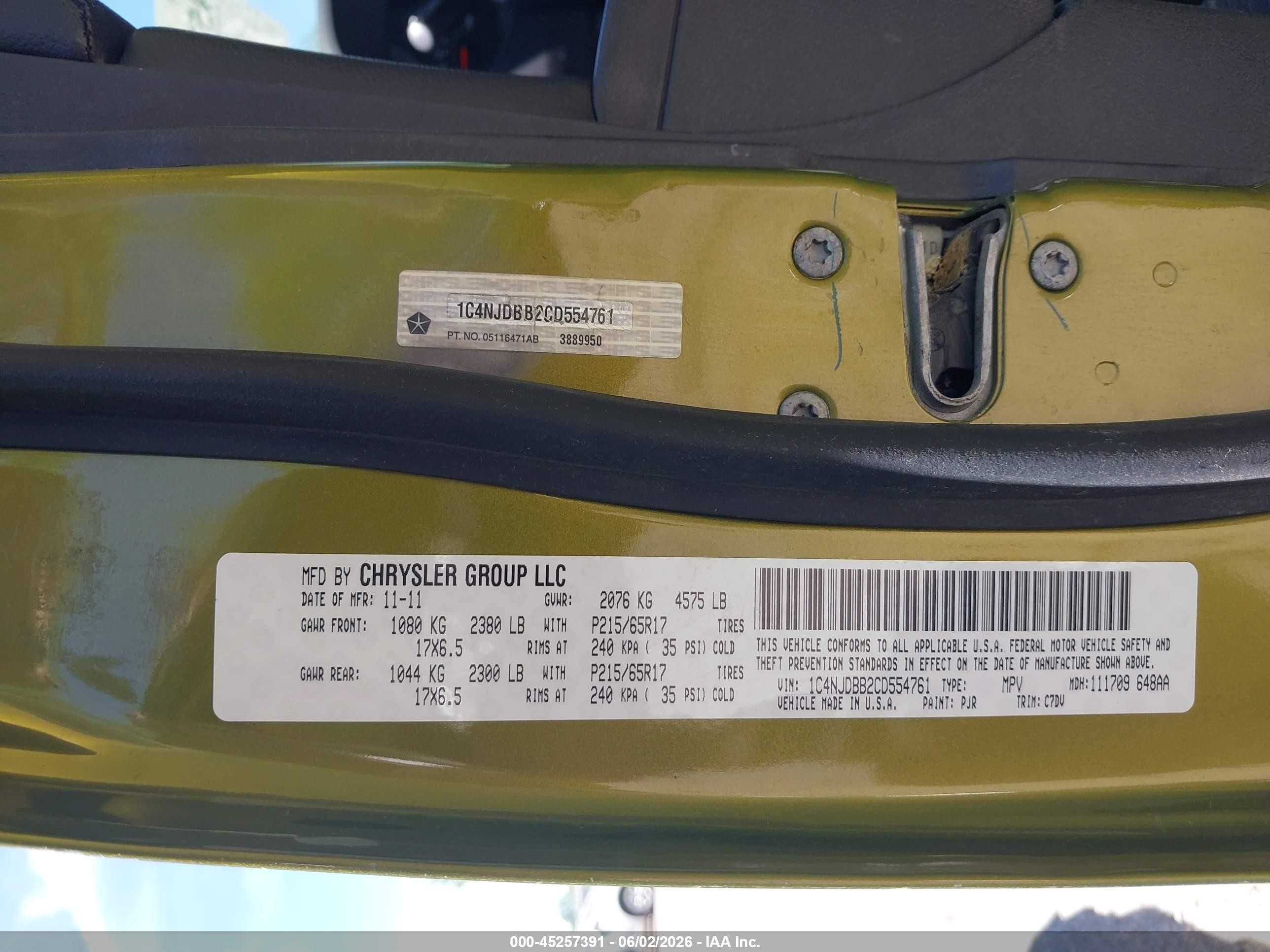 2012 Jeep Compass Sport Green vin: 1C4NJDBB2CD554761