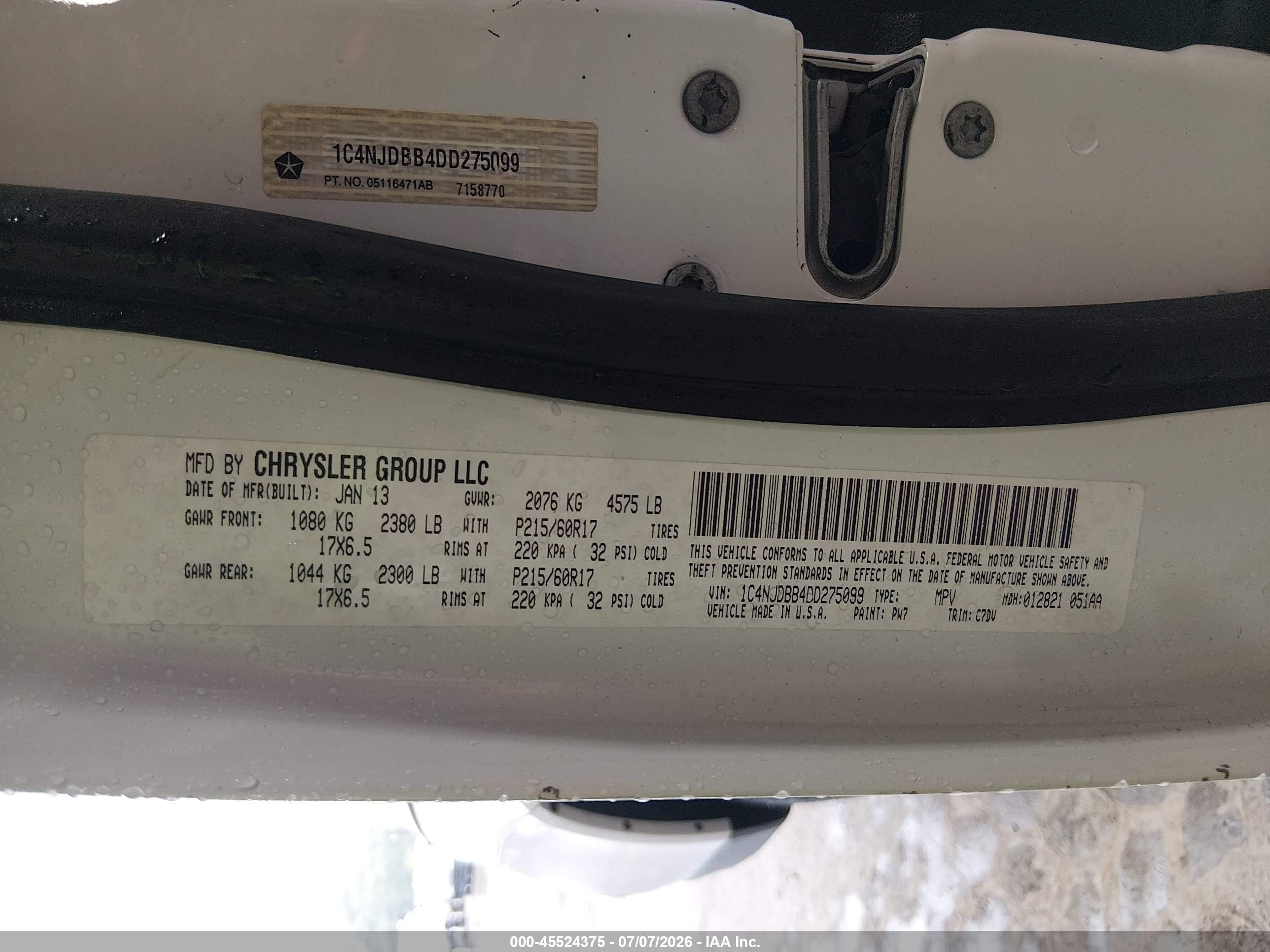 2013 Jeep Compass Sport White vin: 1C4NJDBB4DD275099