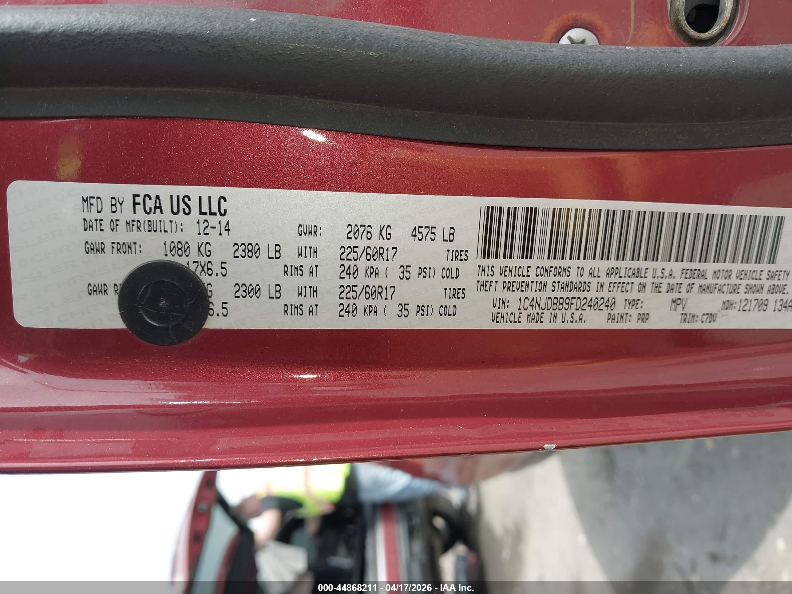 2015 Jeep Compass Sport Red vin: 1C4NJDBB9FD240240