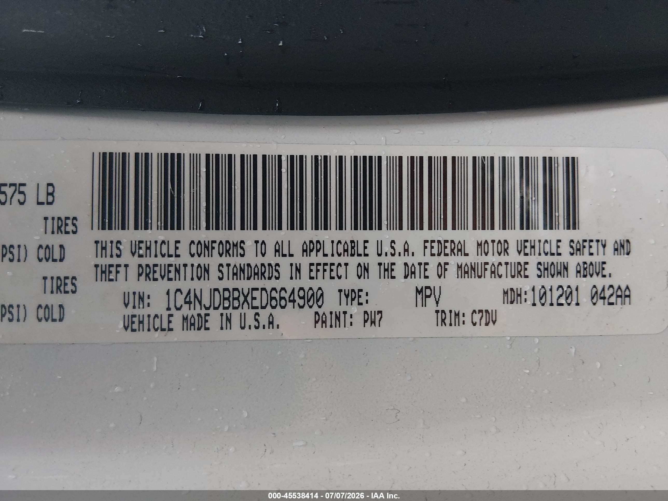 2014 Jeep Compass Sport White vin: 1C4NJDBBXED664900