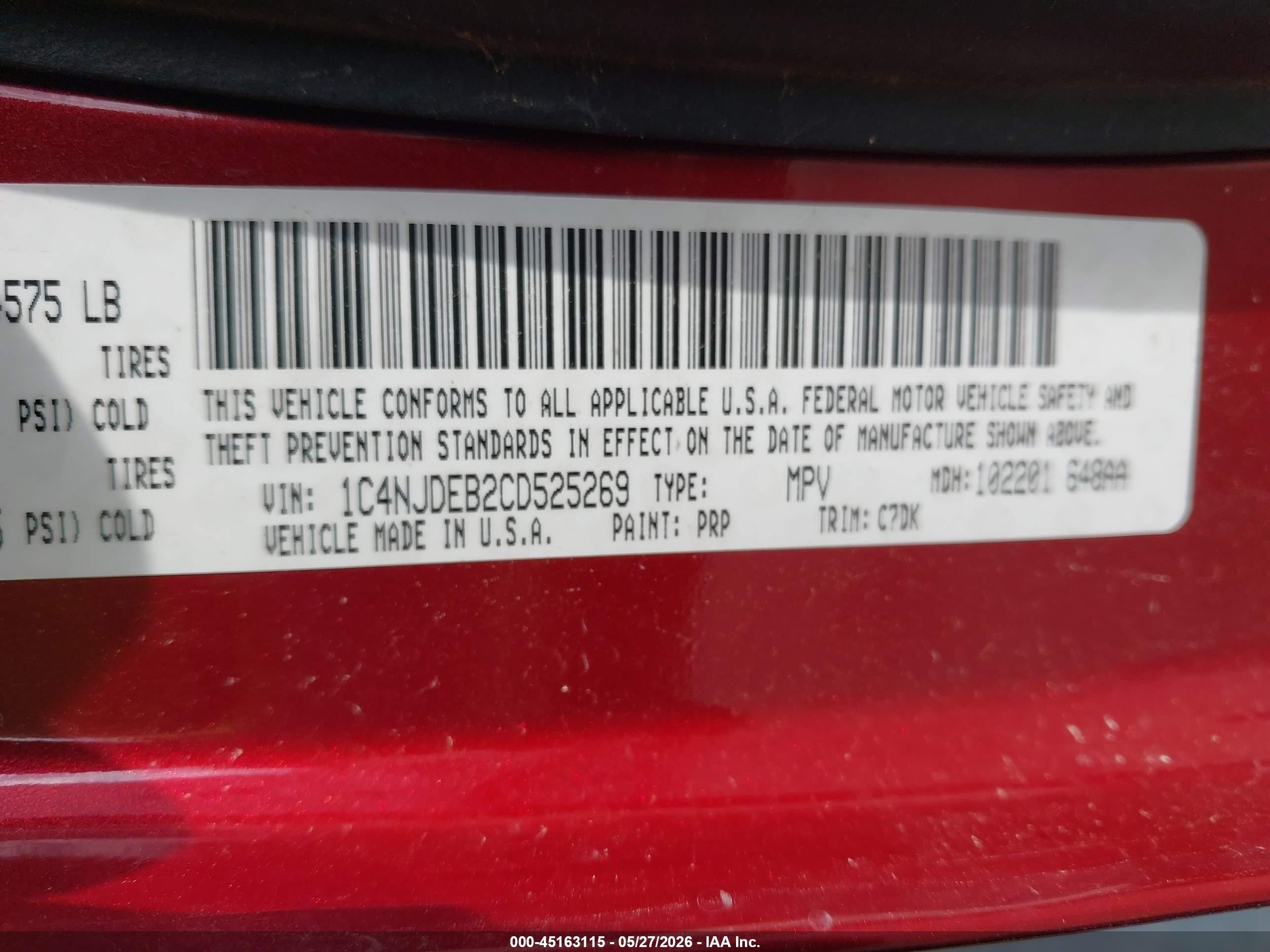 2012 Jeep Compass Latitude Red vin: 1C4NJDEB2CD525269