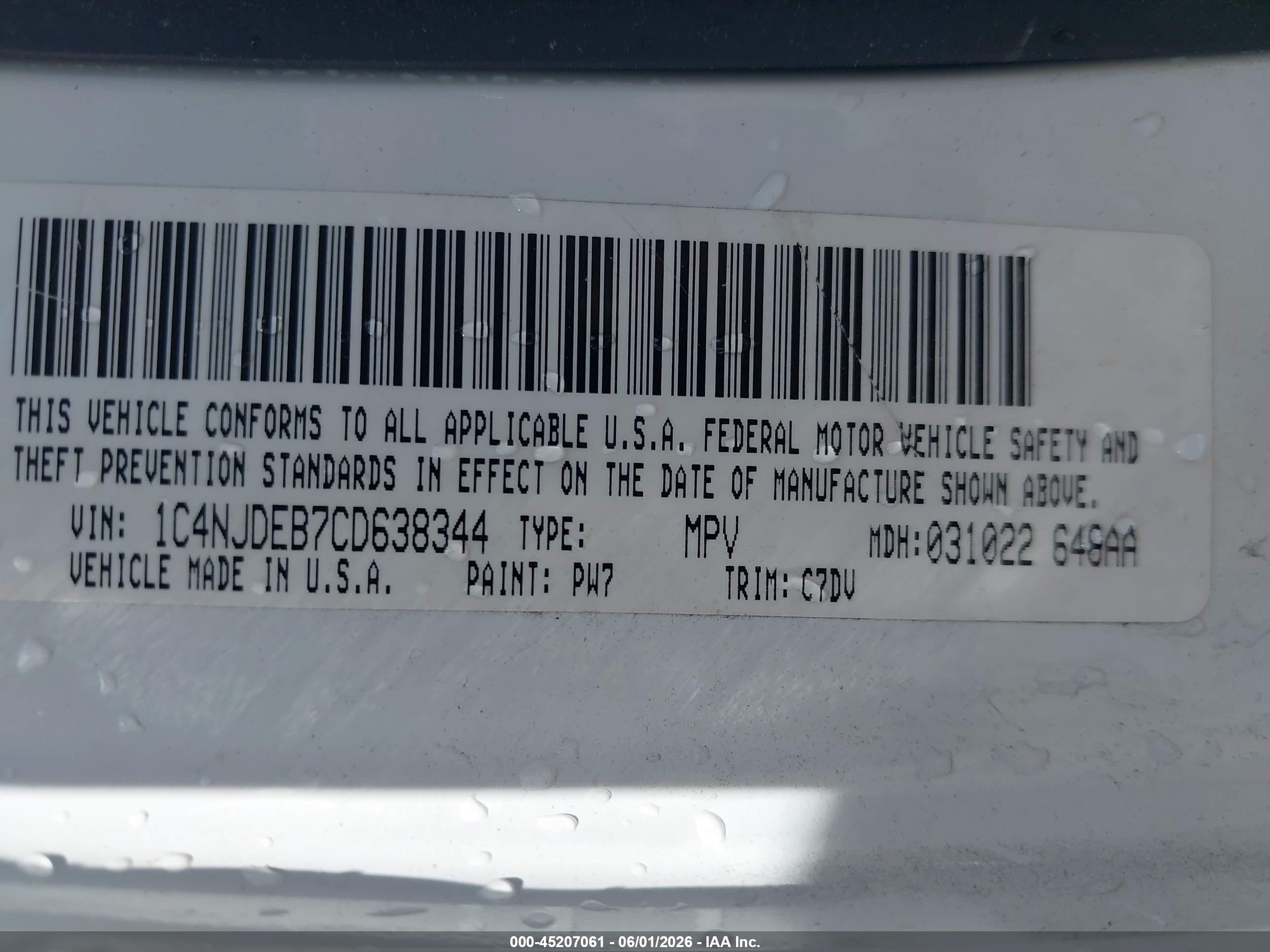 2012 Jeep Compass Latitude White vin: 1C4NJDEB7CD638344