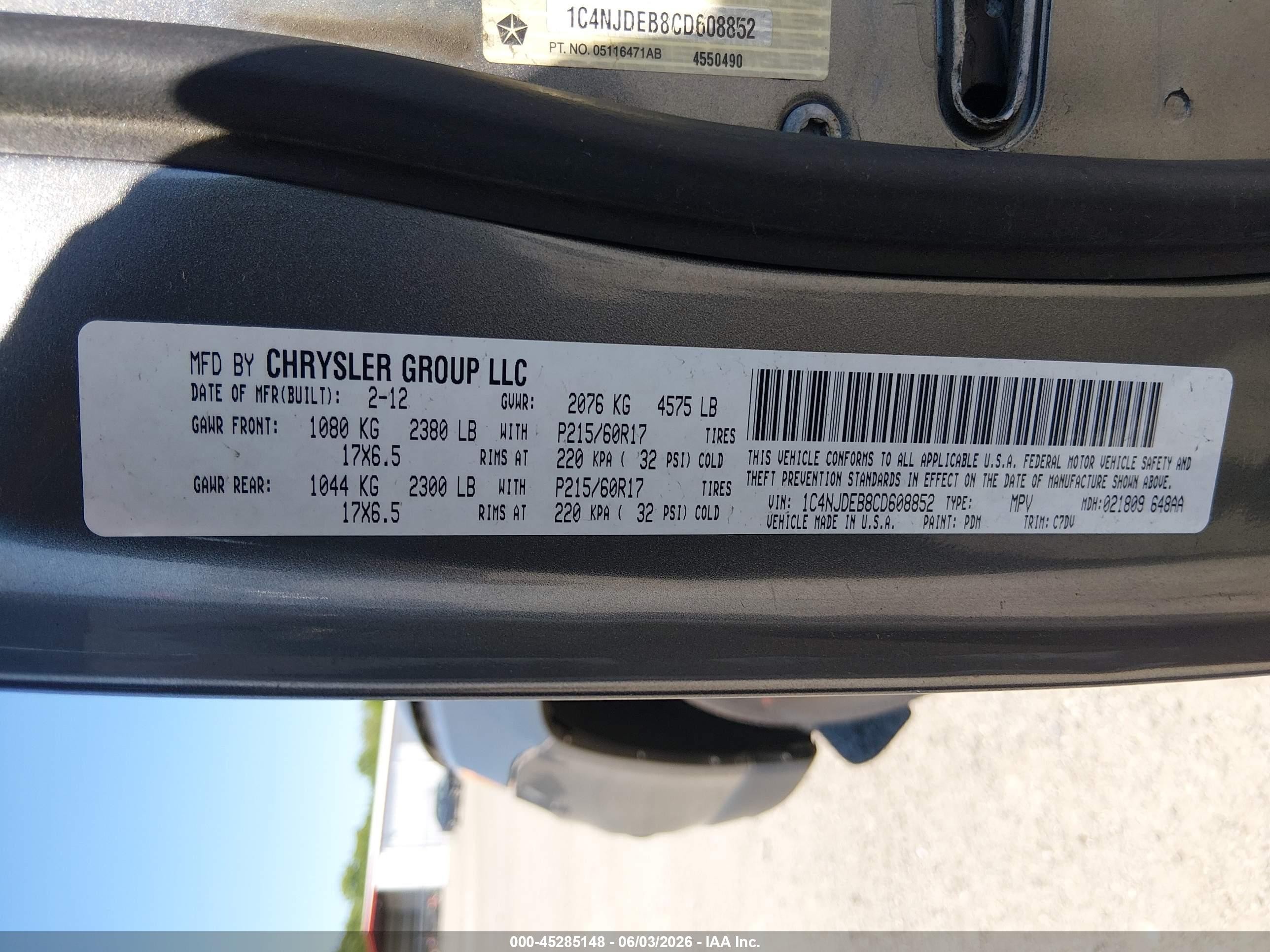 2012 Jeep Compass Latitude Серый vin: 1C4NJDEB8CD608852